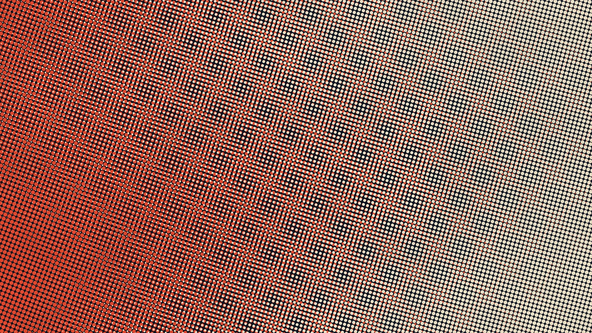 Halftone Moire: Two slightly rotated halftone dot screens, cream and vermilion, interfere into rippling moire bands on near-black.