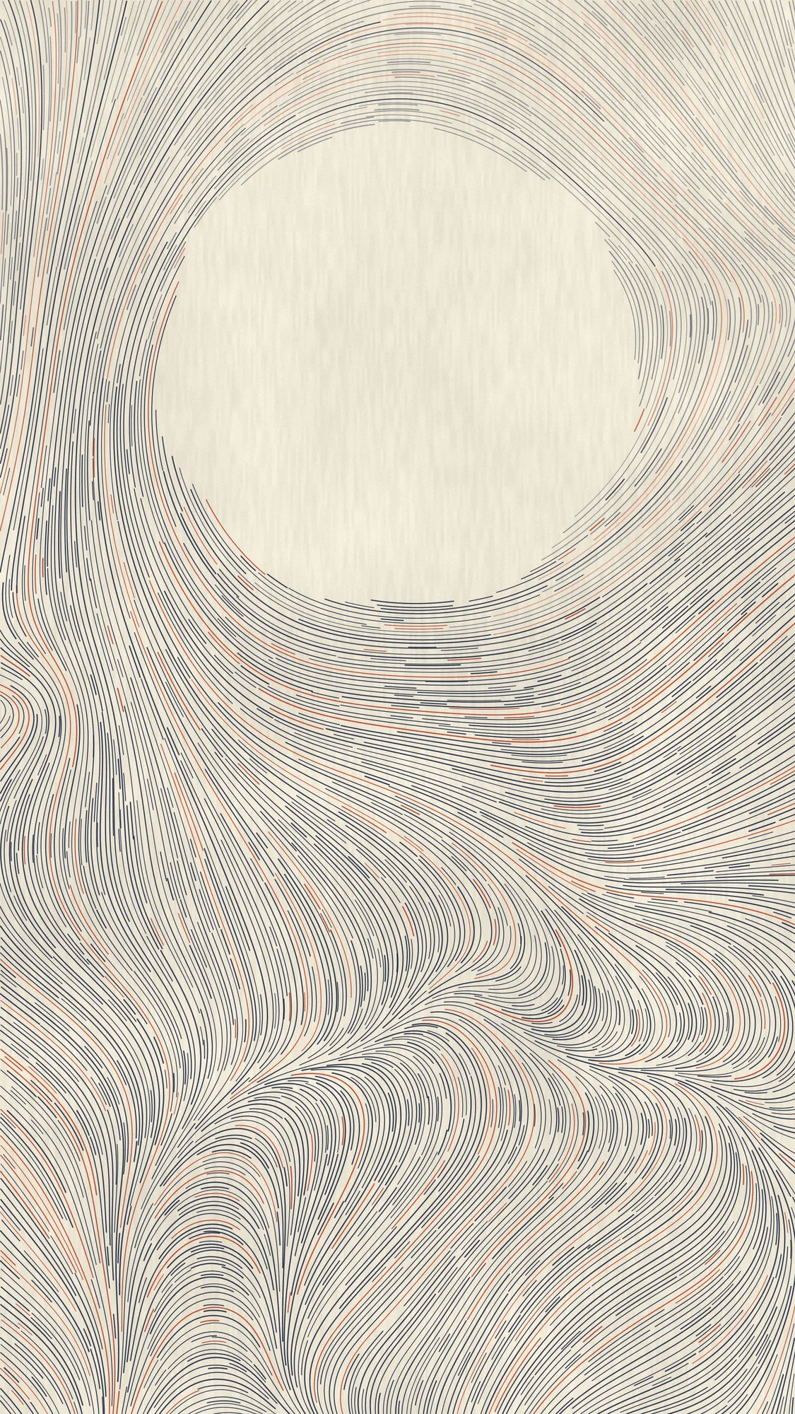Ink Flow: Thousands of evenly spaced pen lines curve around an empty disc, mostly blue-black with rust accents on cream paper.
