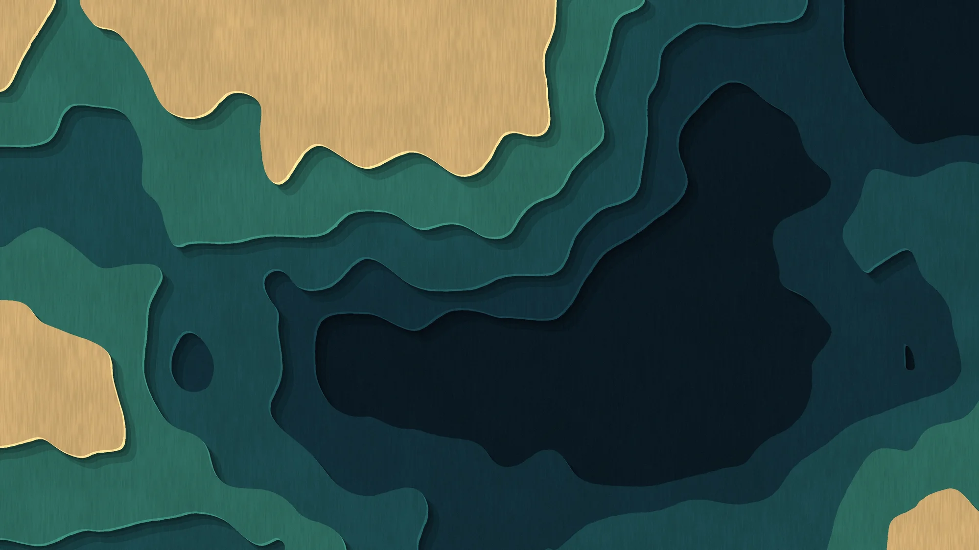 Paper Topography: Five stacked layers of cut paper from deep teal to sand form a contour map with crisp cast shadows.