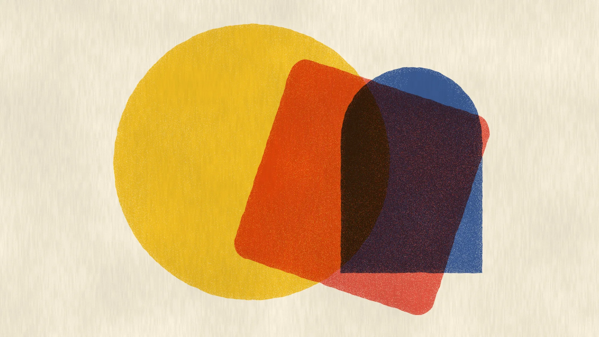 Riso Overlap: Three oversized riso shapes in yellow, red and blue overprint with slight misregistration and speckled ink on cream stock.