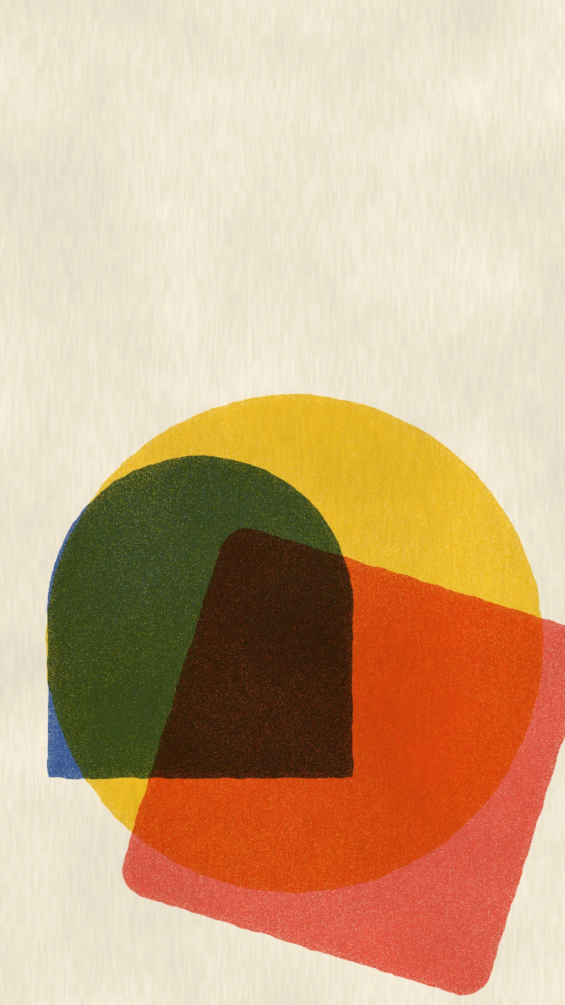 Riso Overlap: Three oversized riso shapes in yellow, red and blue overprint with slight misregistration and speckled ink on cream stock.