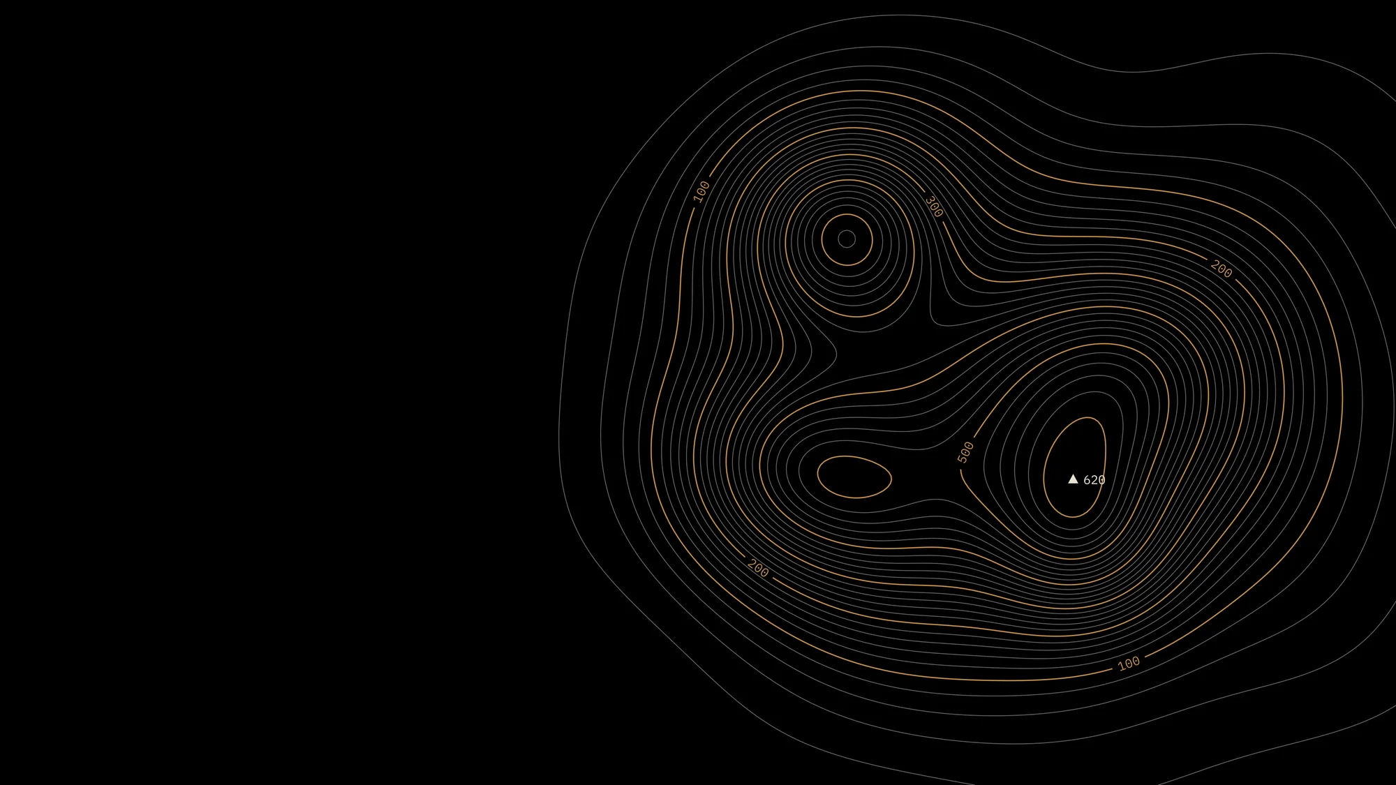 Contours: Contour lines of an invented island run in from the right edge of a black map sheet, with ochre index contours broken to carry their elevations and a spot height on the summit.