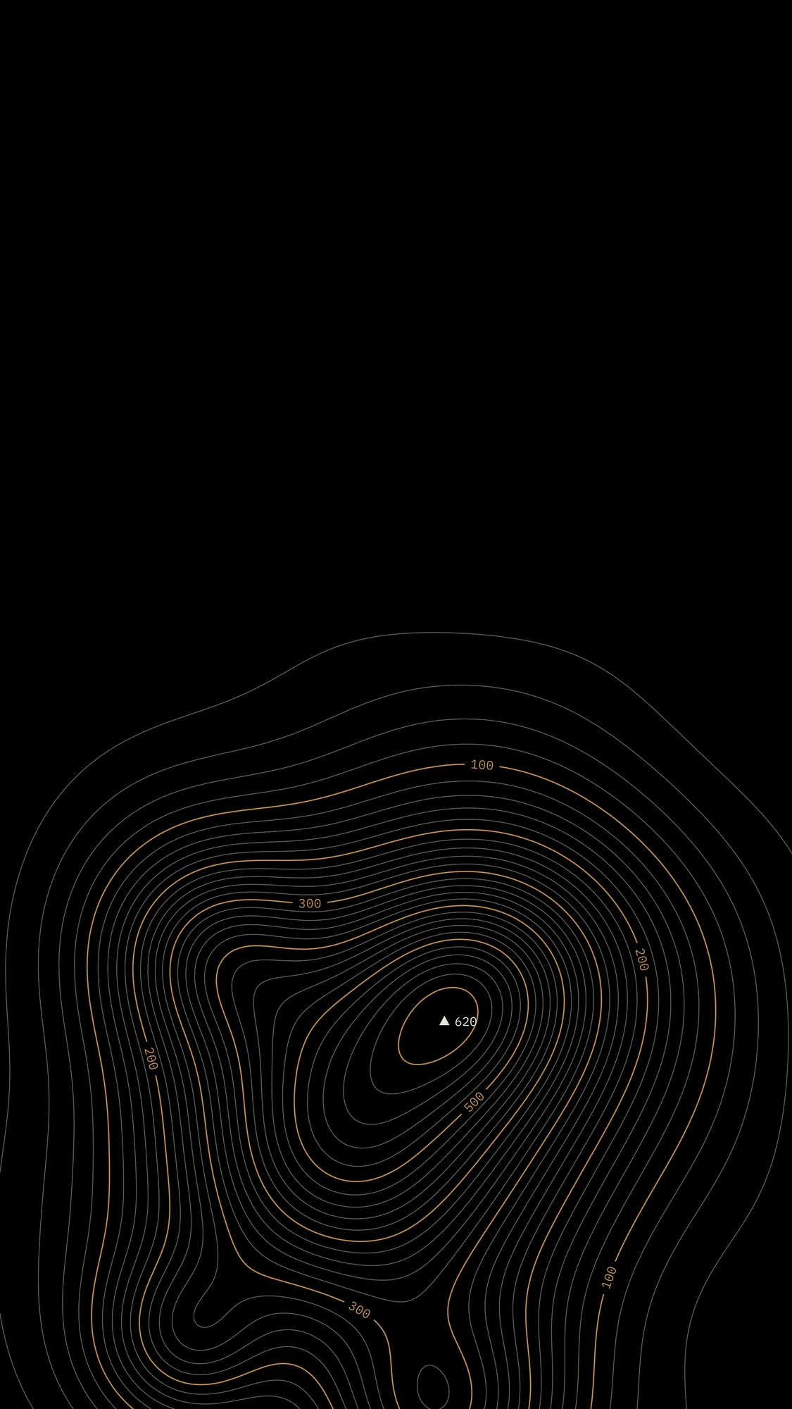 Contours: An invented island rises from the bottom of a black phone screen in fine contour lines, its ochre index contours labelled with elevations like a real survey map.