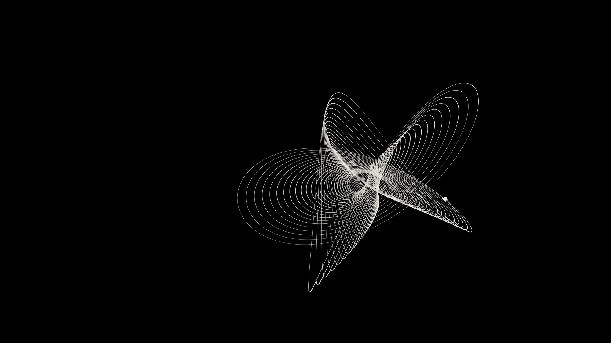 Harmonograph: A harmonograph drawing in white gel pen on black: one line traced by swinging pendulums, pooling ink where the pen slowed at each turn and thinning as the swing dies away, with a blot where the pen first touched down.