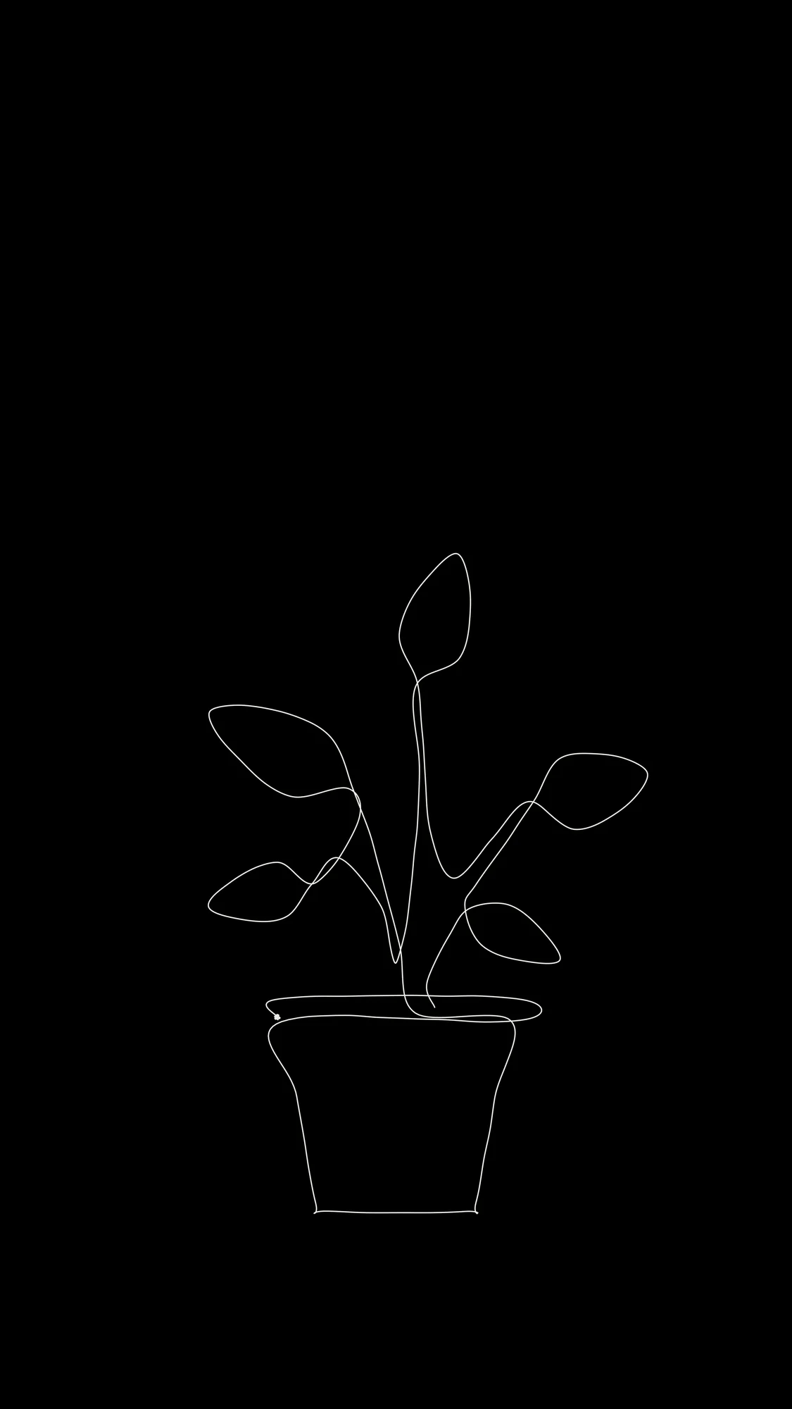 Houseplant, One Line: One continuous white-pen line draws a potted plant low on a black phone screen, leaves fanning up from three stems without the pen ever lifting.