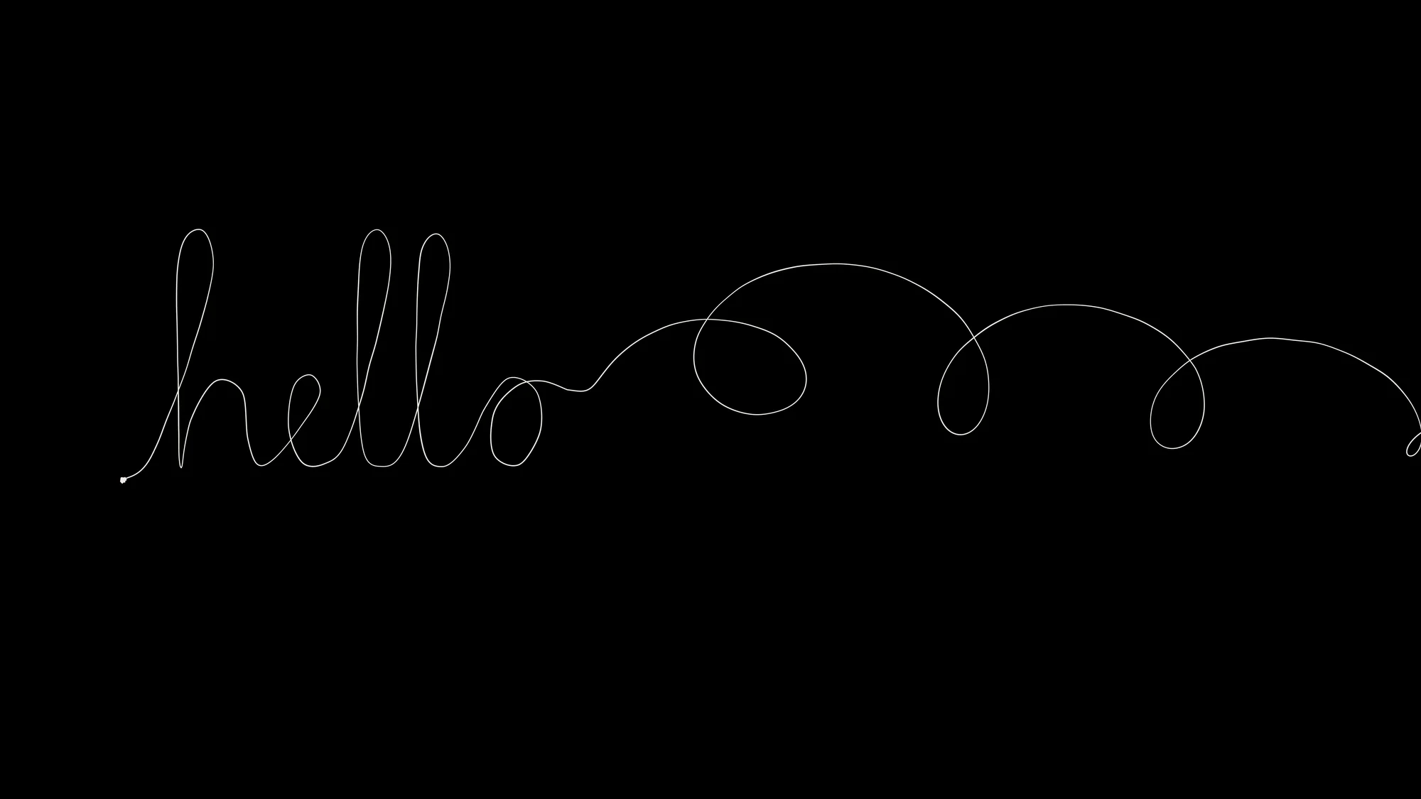 One Line: The word "hello" written in one continuous stroke of white gel pen on black, and then the pen just keeps going, unravelling into loose loops that run off the edge of the page.