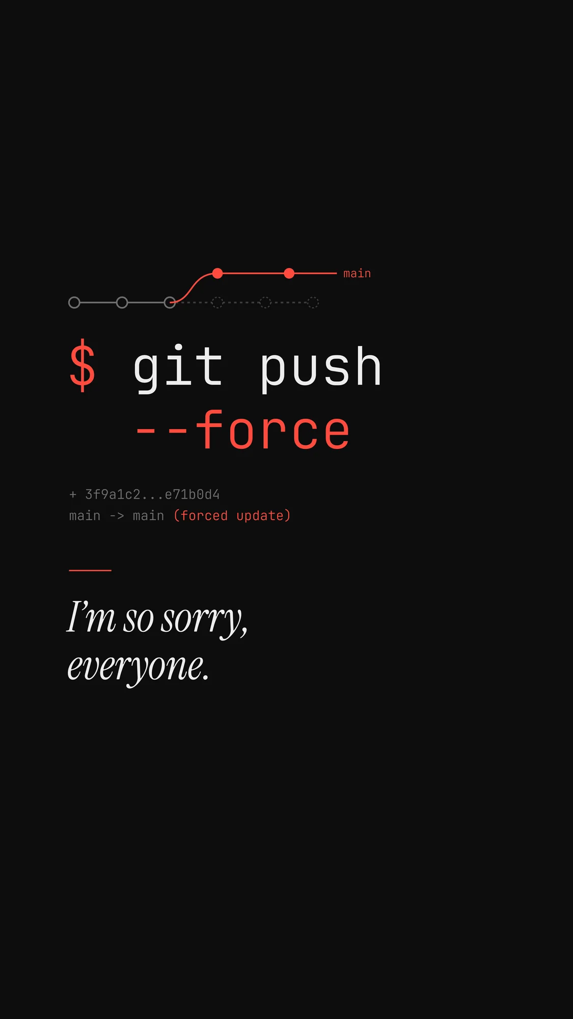 Force Push (Sorry): The force-push command split over two lines with the rewritten commit graph above and the apology below, recomposed for phones.