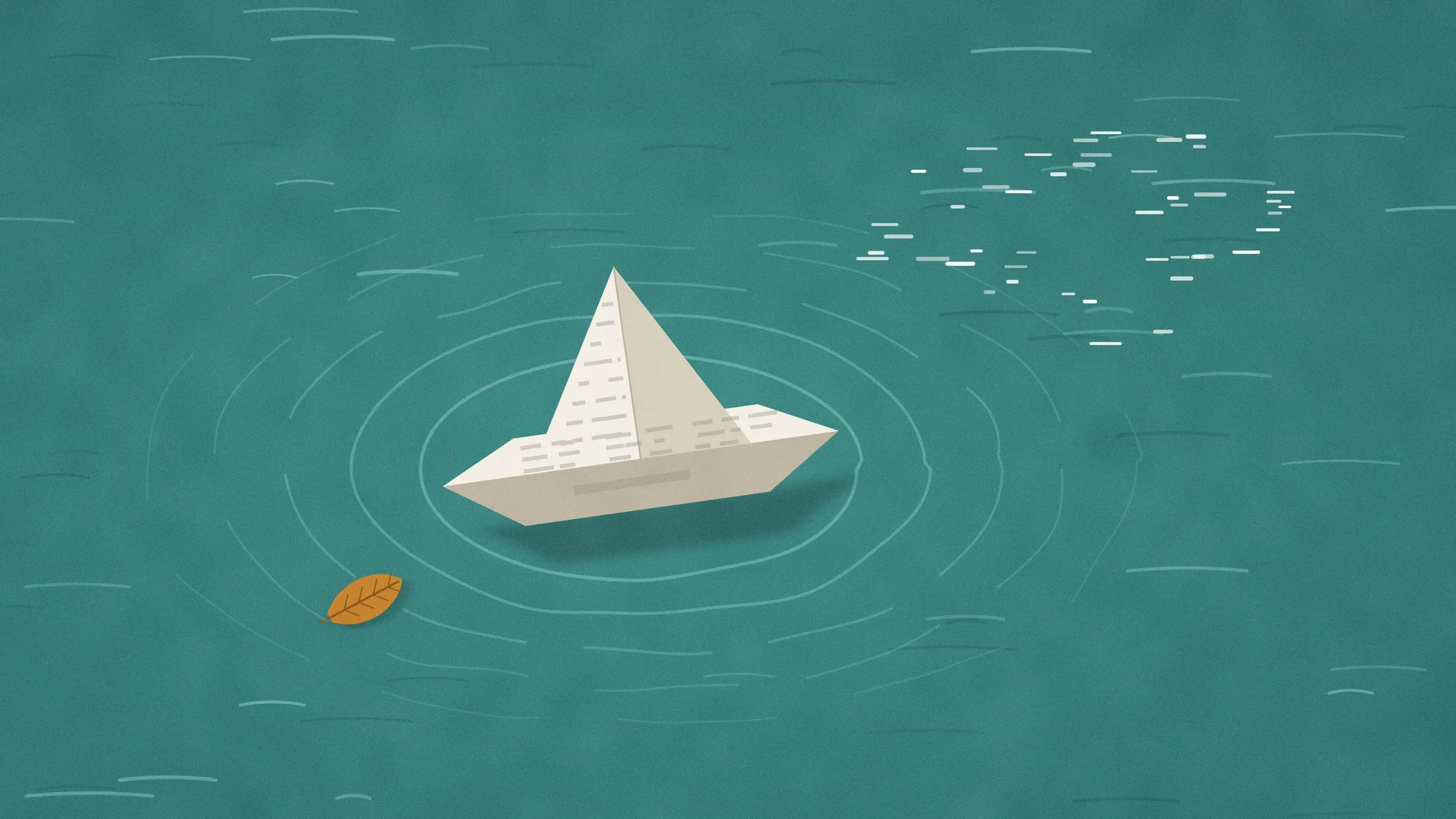 Paper Boat (Light): A folded newspaper boat seen from above on green water, with ripples spreading, sun glints and a leaf drifting alongside.