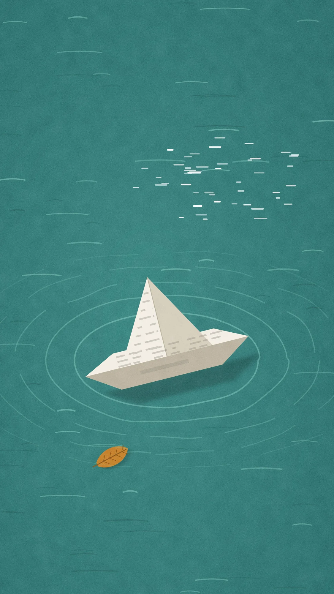 Paper Boat (Light): A folded newspaper boat seen from above on green water, with ripples spreading, sun glints and a leaf drifting alongside. Recomposed for phone, with a calm area at the top for the clock.