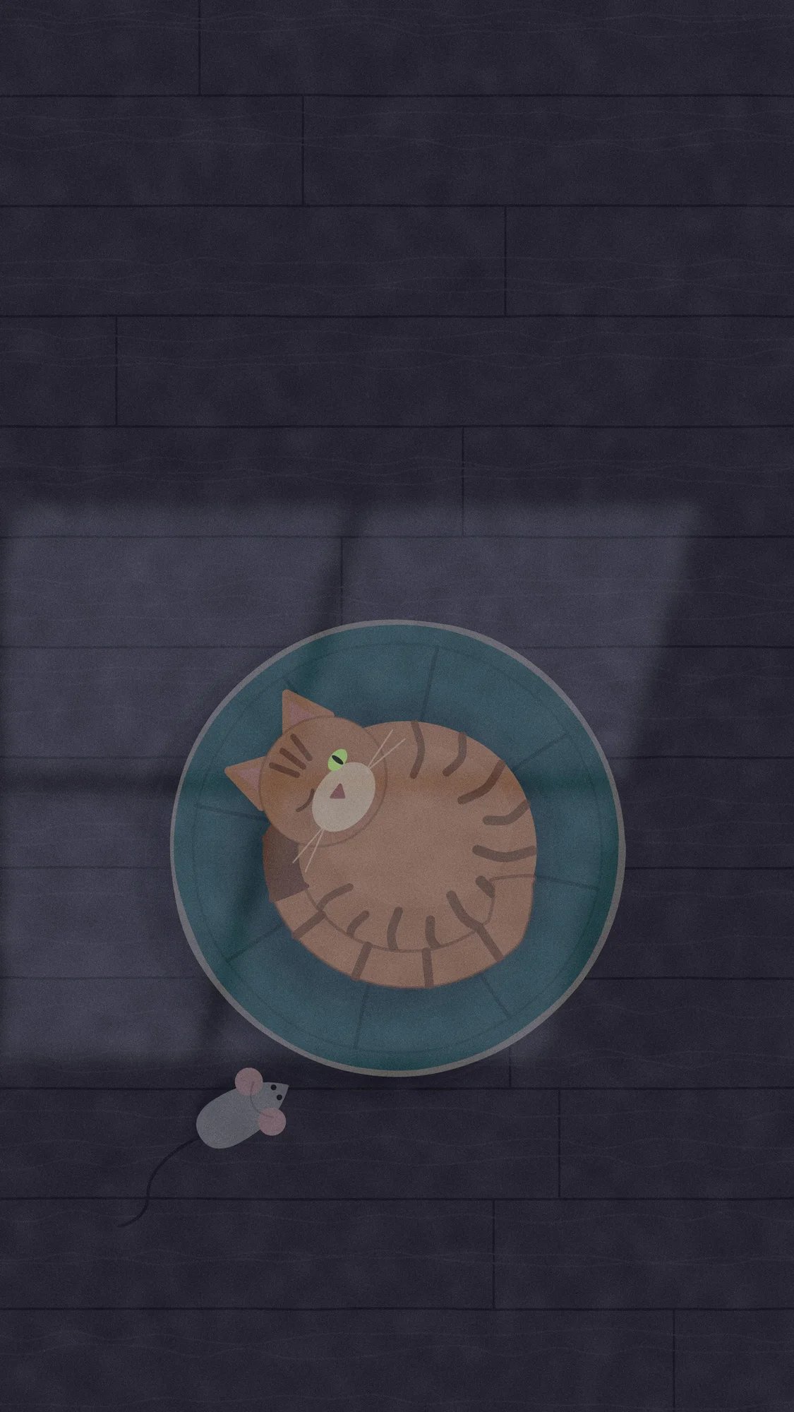 Cushion Cat (Dark): The same cat by moonlight with one green eye open, and the felt mouse has somehow moved right next to the cushion. Recomposed for phone, with a calm area at the top for the clock.
