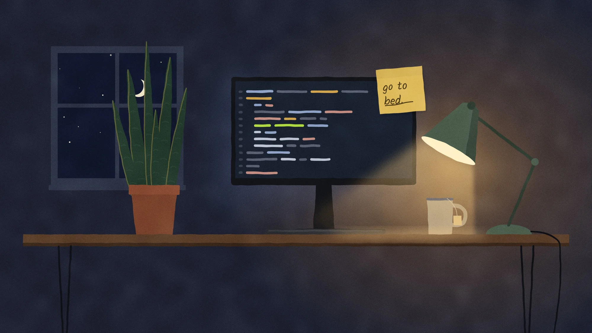 Desk Lamp (Dark): The same desk at night: lamp on, code glowing on the screen, tea instead of coffee and a new sticky note that says "go to bed."