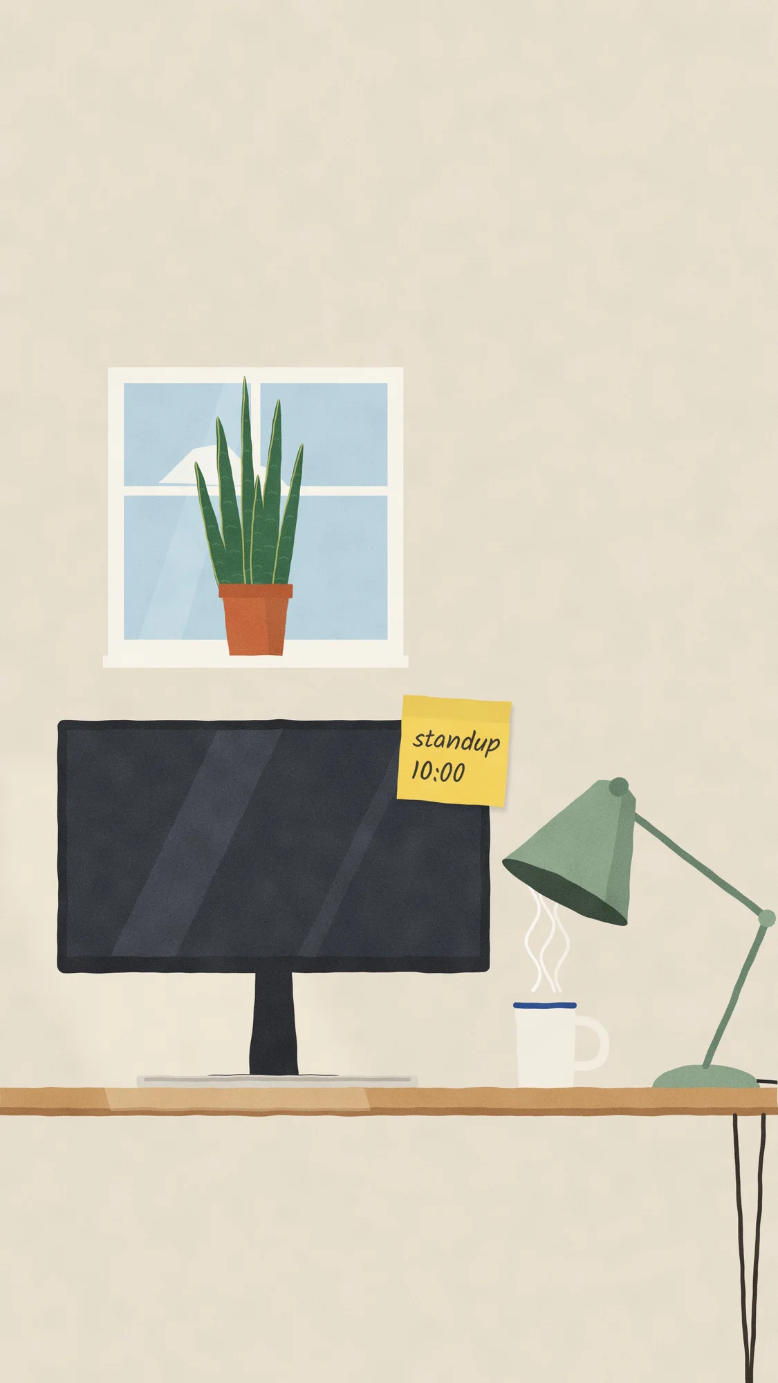 Desk Lamp (Light): A home-office desk by day: lamp off, coffee steaming, a snake plant by the window and a sticky note reading "standup 10:00". Recomposed for phone, with a calm area at the top for the clock.