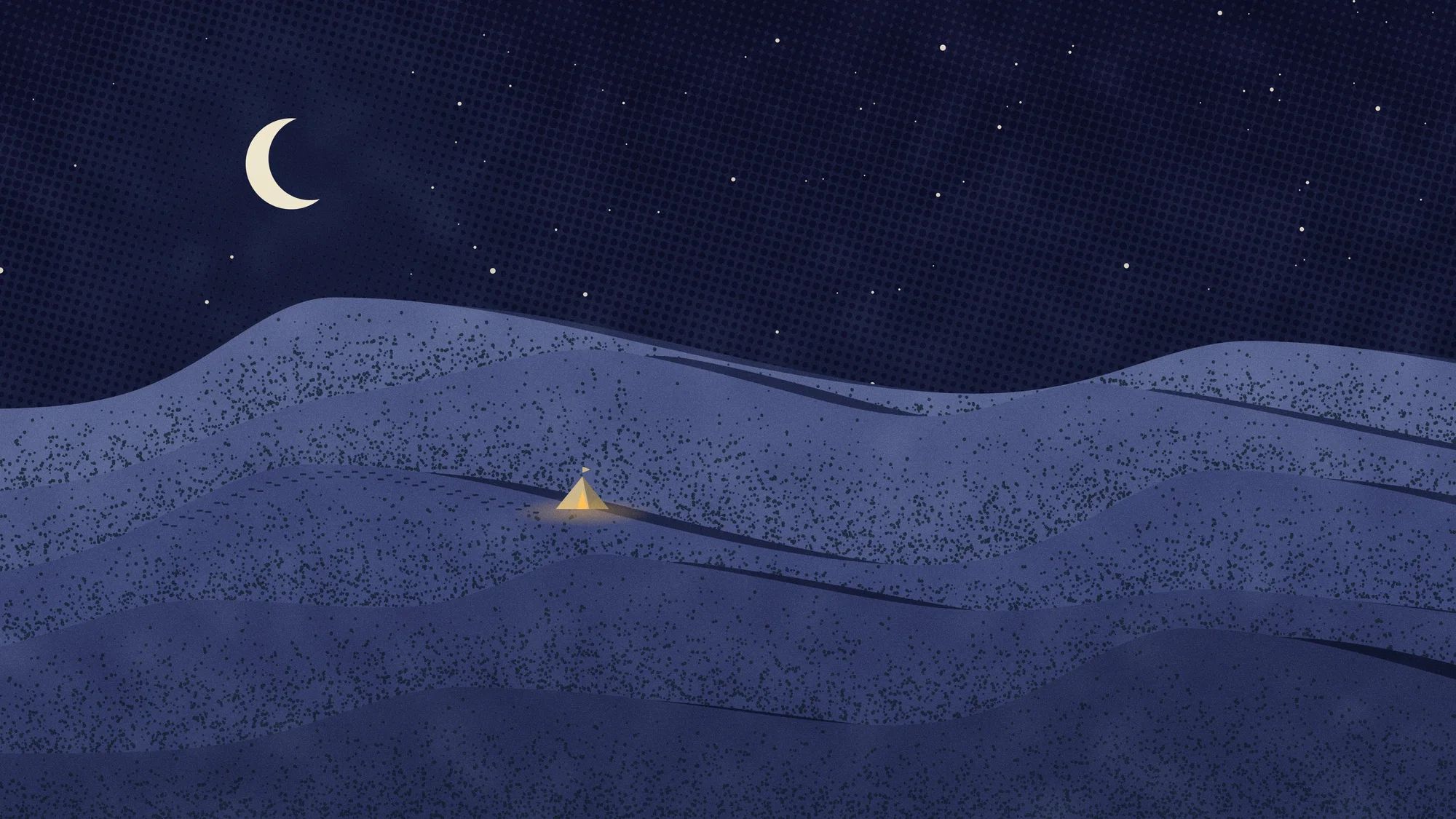 Riso Dunes (Dark): The same dunes under a crescent moon on the left, the shadows flipped to the other faces and the tent door glowing.