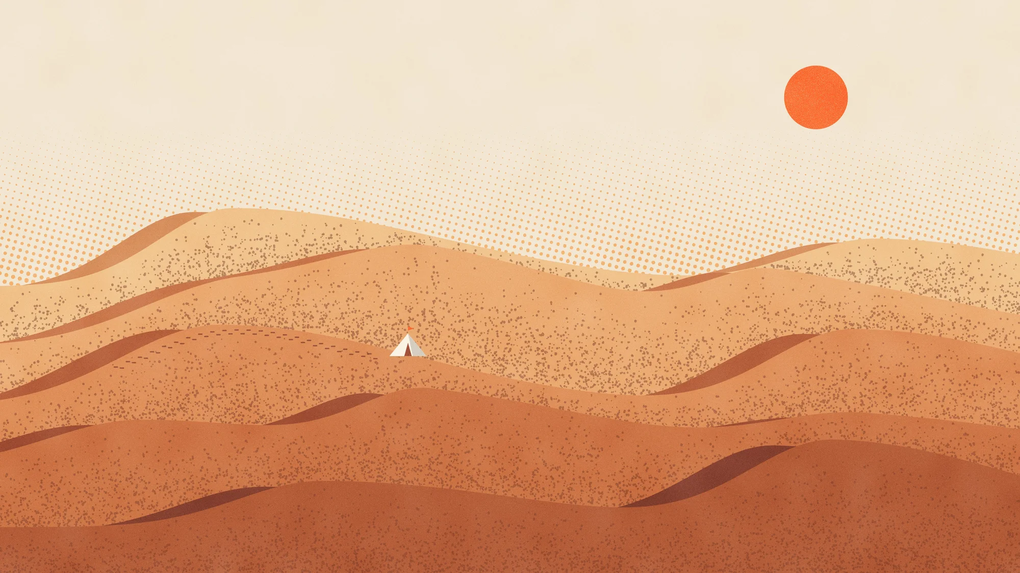 Riso Dunes (Light): Stippled risograph dunes at noon with the sun on the right, slip-face shadows to the left and a small tent on a ridge.