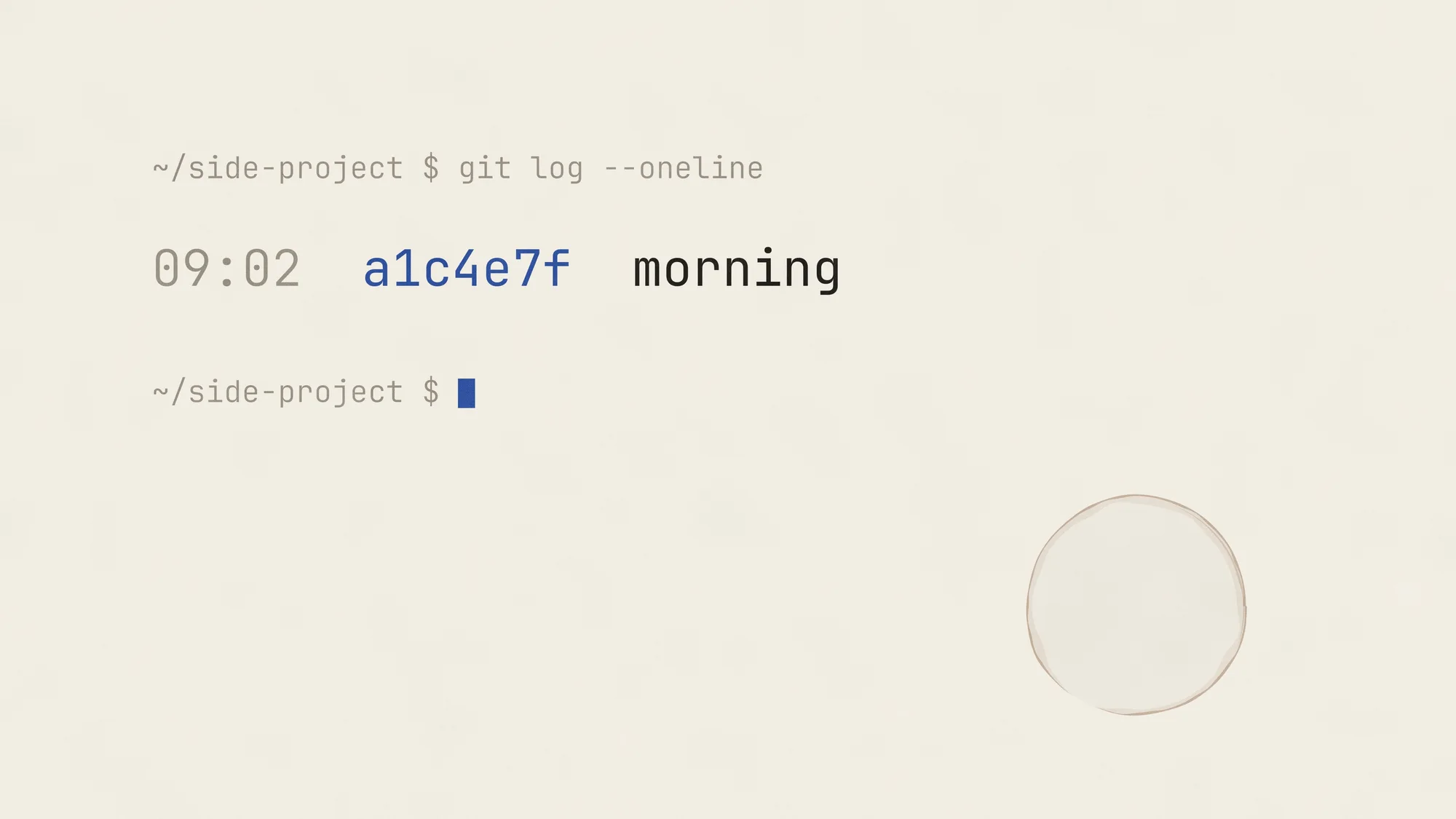 Git Log (Light): A single 09:02 commit called "morning" typeset in JetBrains Mono on warm paper, with one coffee ring.
