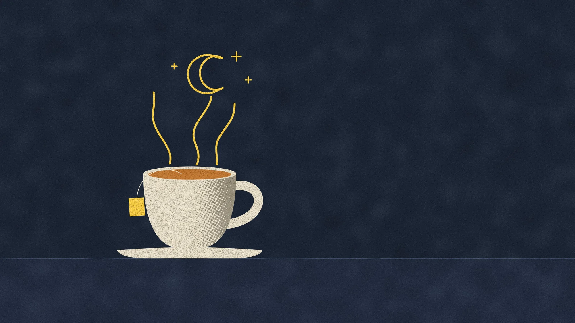 Steam (Dark): The same cup at night holding tea, its tag over the rim and its steam curling into a crescent moon and a few stars.