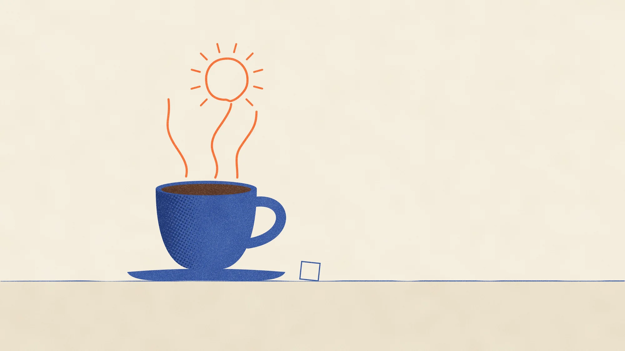 Steam (Light): A blue coffee cup on a saucer whose steam curls up into a hand-drawn sun, with a sugar cube on the side.
