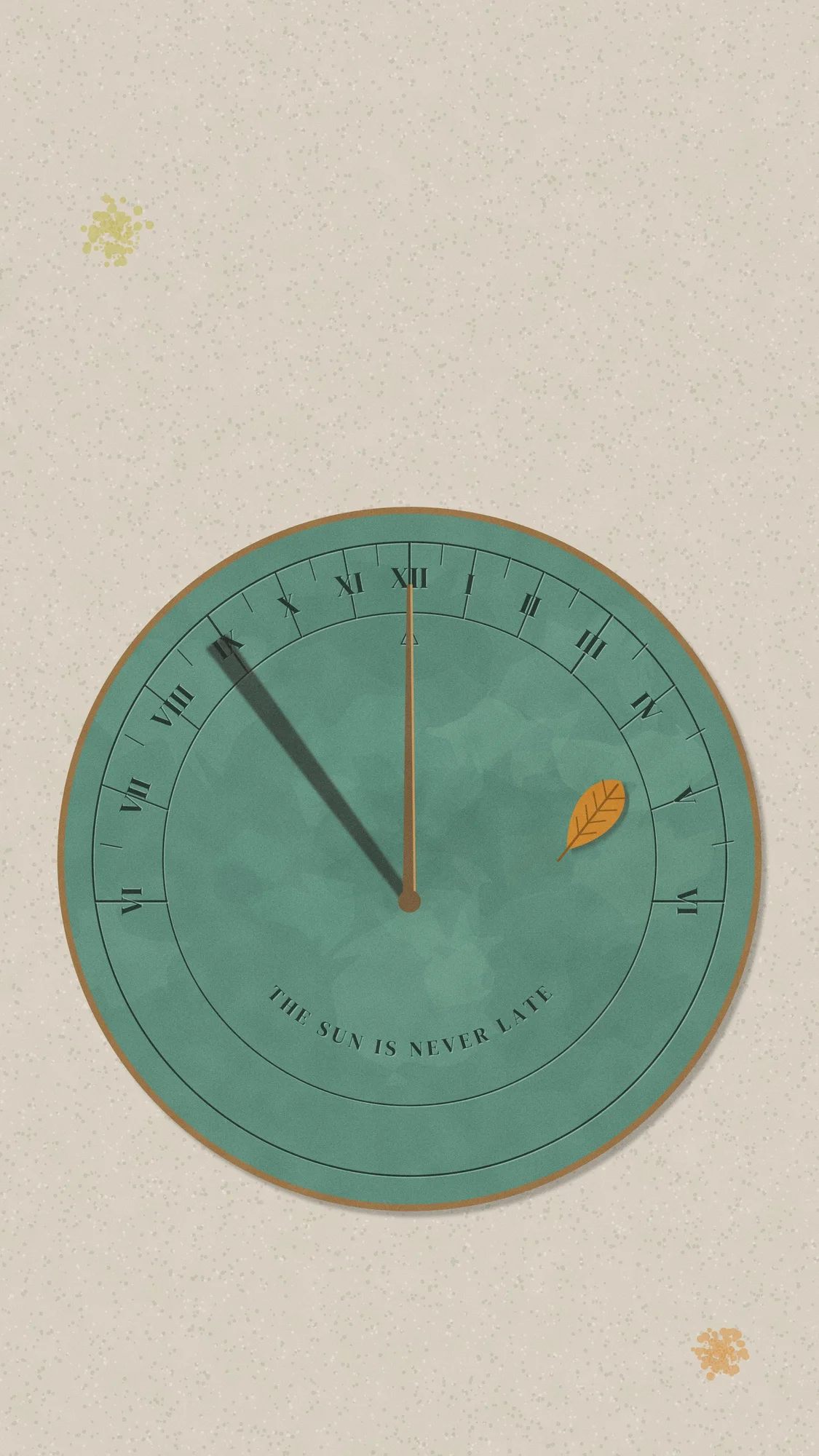 Sundial (Light): A verdigris garden sundial seen from above, its hard shadow on IX and "THE SUN IS NEVER LATE" engraved, with a fallen leaf. Recomposed for phone, with a calm area at the top for the clock.