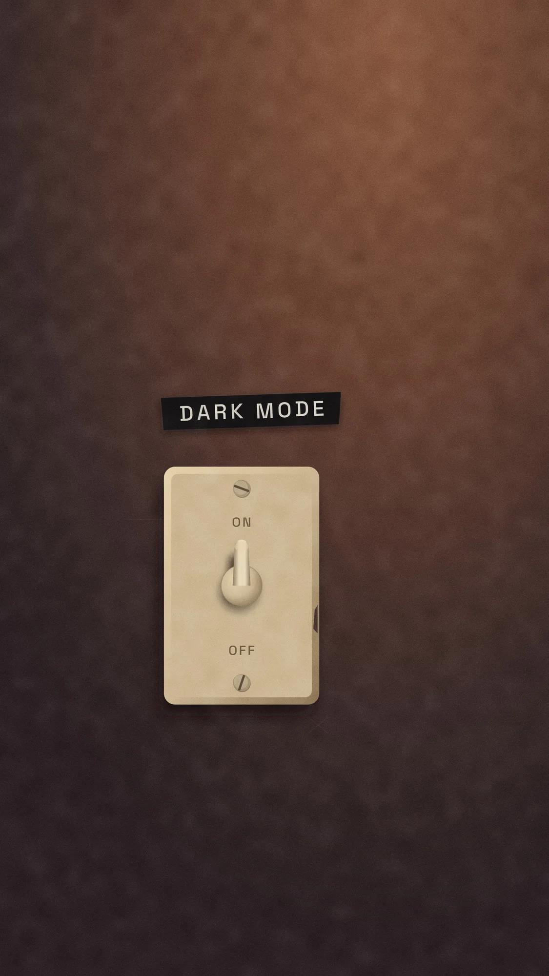 Dark Mode Switch (Dark): The same "DARK MODE" switch flicked on under a warm lamp, its shadow falling the other way. Recomposed for phone, with a calm area at the top for the clock.
