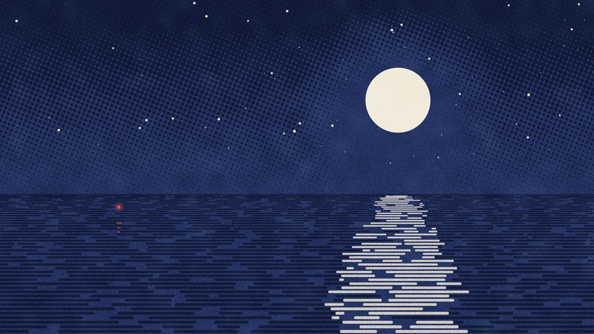 Riso Tide (Dark): The same seascape at night, flooded with blue ink: the moon, its path and the stars are left as bare paper, and the buoy shows a red light.