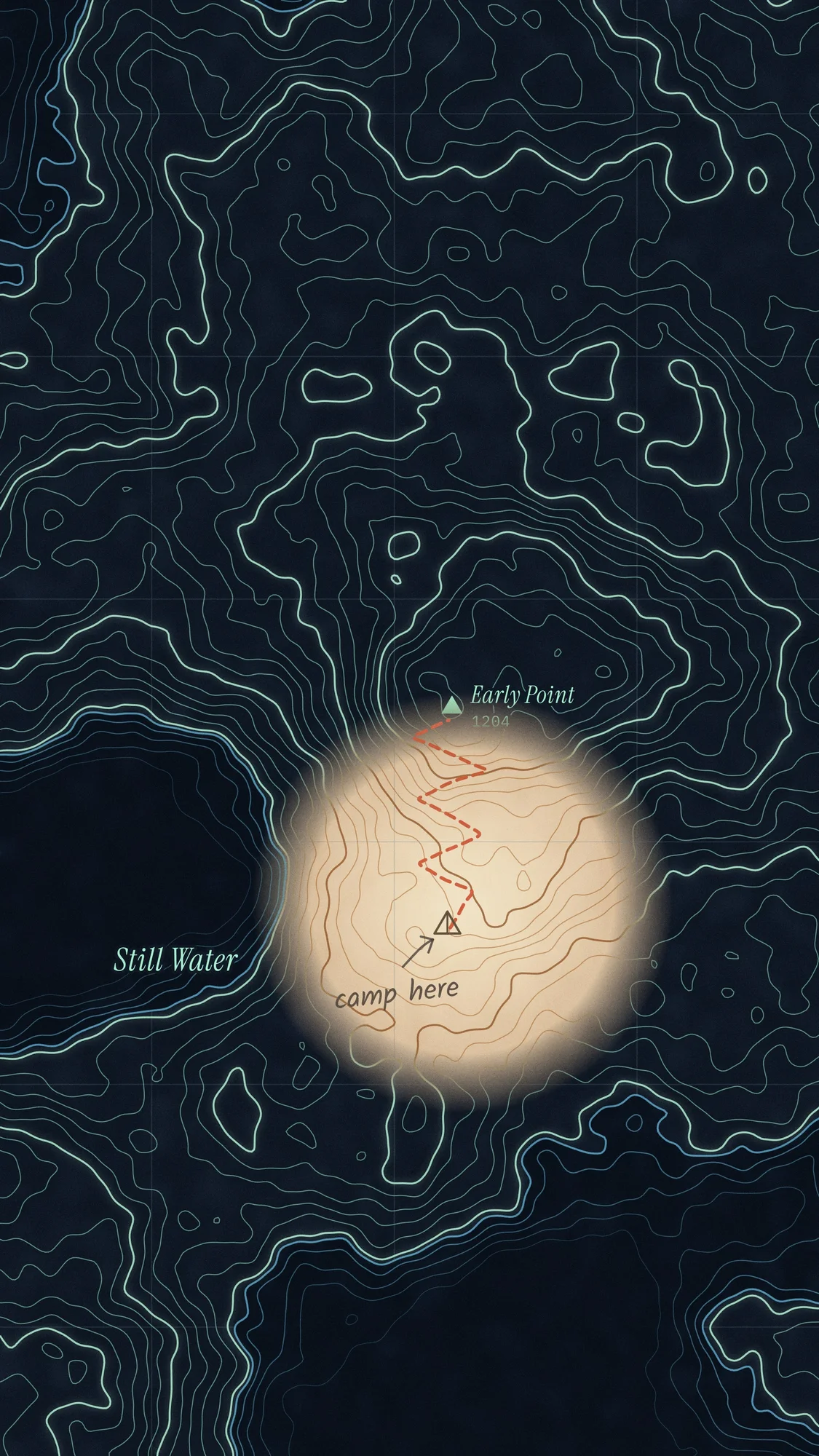 Night Map (Dark): The same map at night: the contours glow in luminous ink and a torch beam picks out the campsite, where someone has written "camp here". Recomposed for phone, with a calm area at the top for the clock.