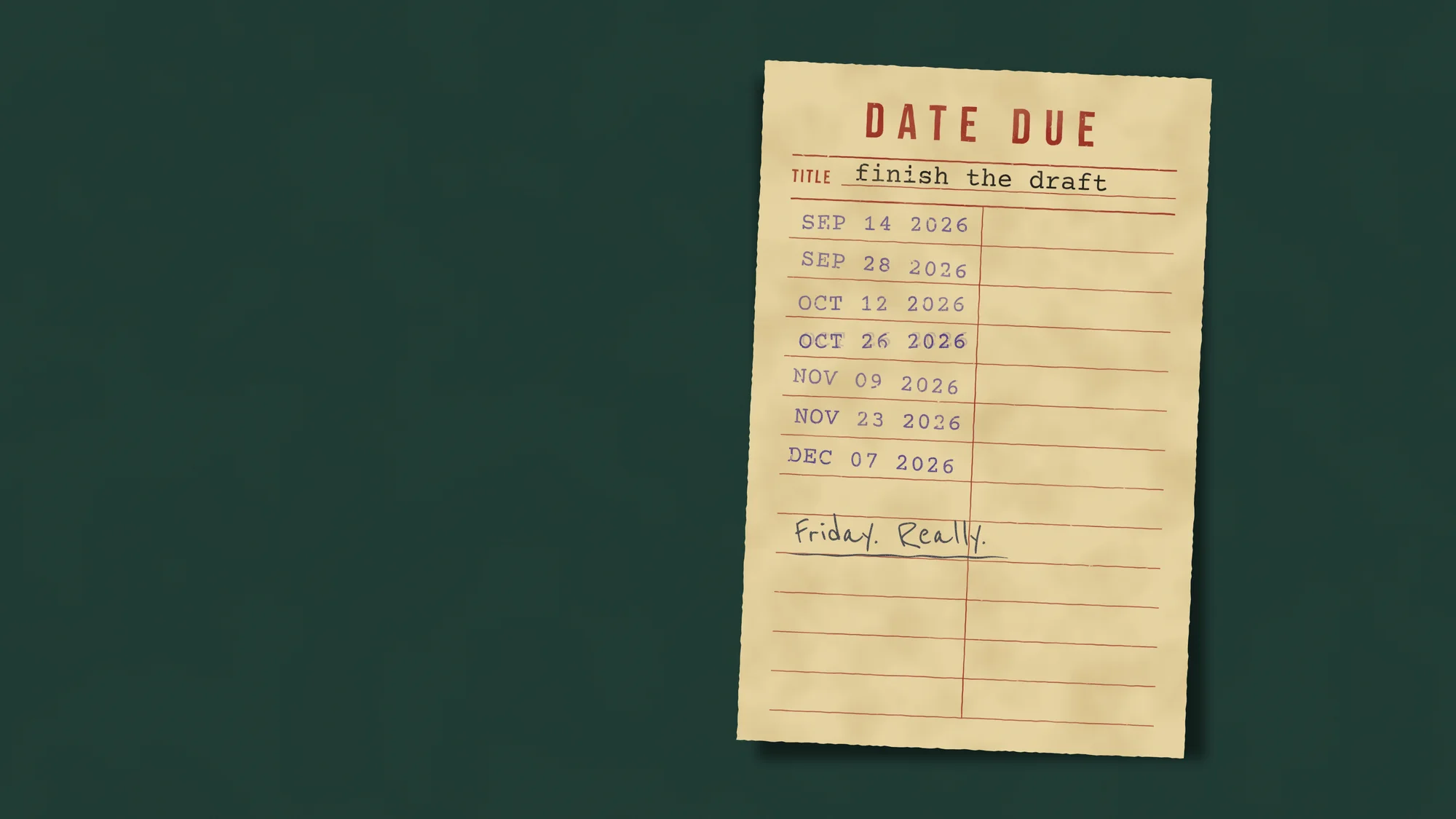 Date Due: Finish the Draft: A manila library date-due card on green baize, its title line typed as "finish the draft", with seven renewal dates stamped in purple and a final pencil entry: "Friday. Really."
