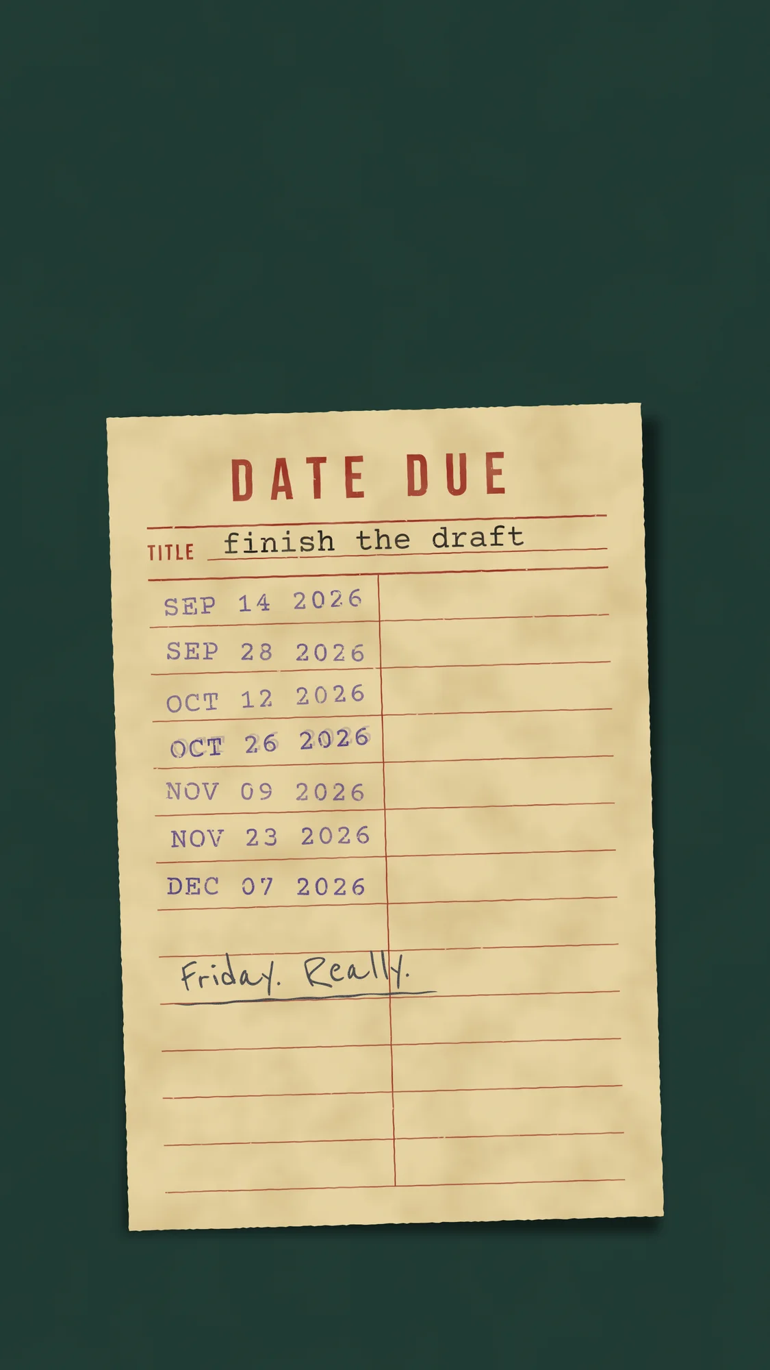 Date Due: Finish the Draft: A library date-due card for the phone: "finish the draft", renewed seven times in purple stamps, then "Friday. Really." in pencil.