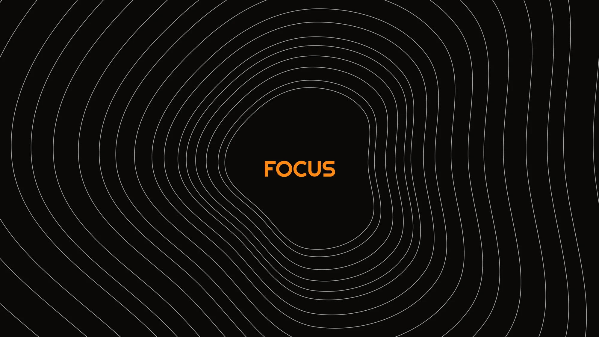 Focus: Hand-drawn contour lines ripple out from a single orange word. A quiet, distraction-free desktop for deep work sessions.
