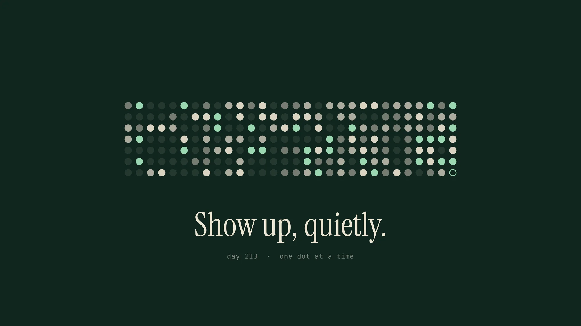 Show Up, Quietly: A habit tracker of seven rows of dots on deep forest green, filling up as the days go on, with the line "Show up, quietly." in a slim serif.