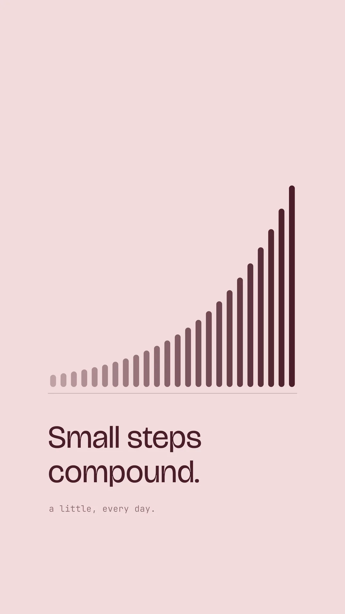 Small Steps Compound: Wine-red bars compounding into a steep curve on soft blush, with "Small steps compound." below.