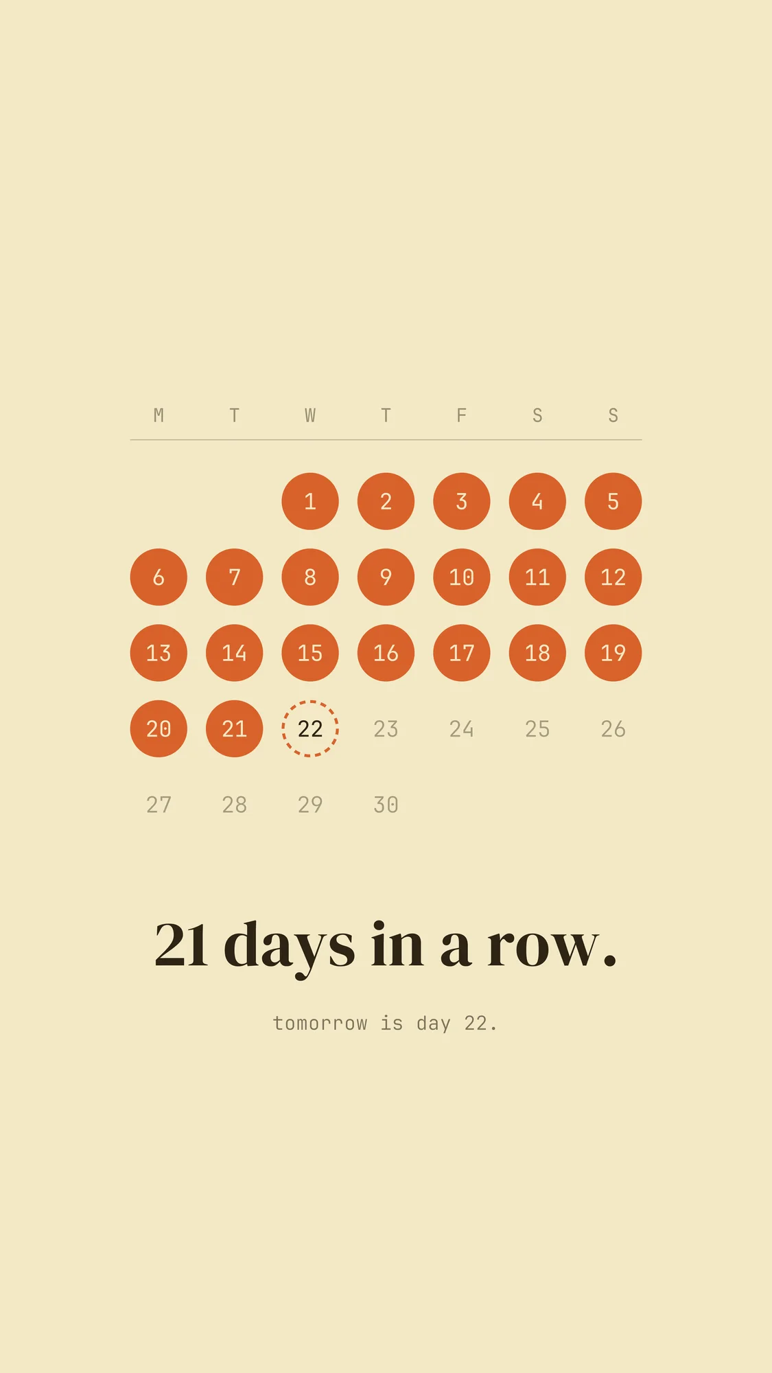 21 Days in a Row: A month calendar for phone on butter yellow with a 21-day orange streak and tomorrow ringed, above "21 days in a row."