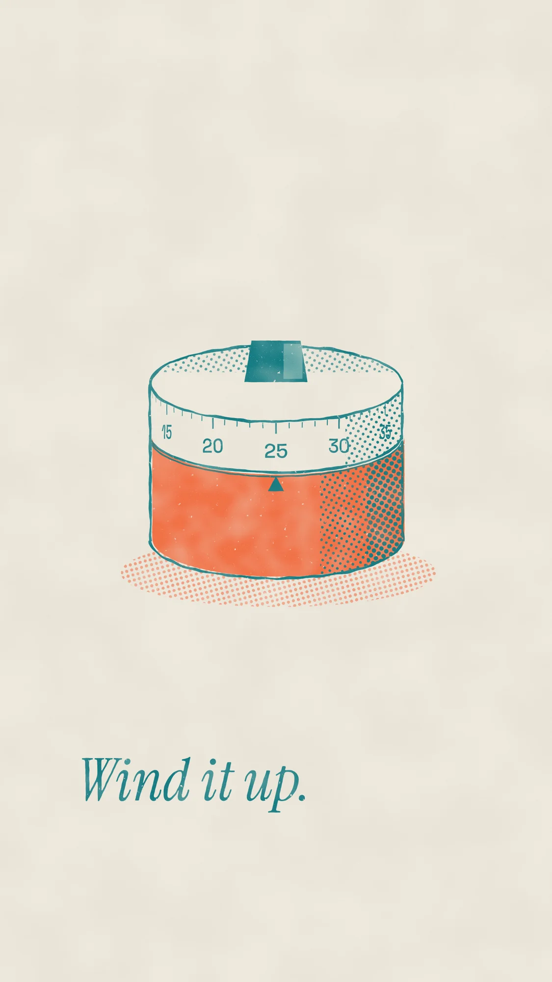 Wind It Up: A two-colour riso print of a wind-up kitchen timer set to 25, with "Wind it up." below.