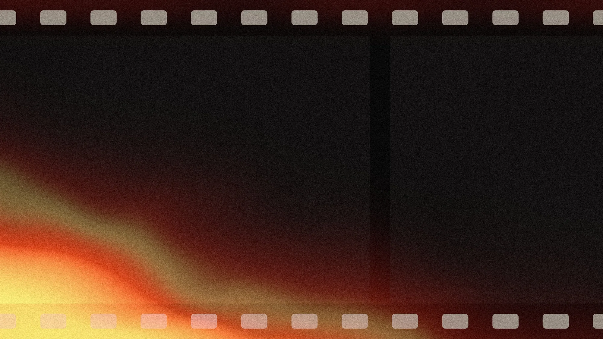 Spectral Ember: The end of a roll of 35mm film: a burnt-orange and red light leak fogs in from the lower rebate, spilling over the sprocket holes, past a frame line and into the dark frame, under heavy grain.