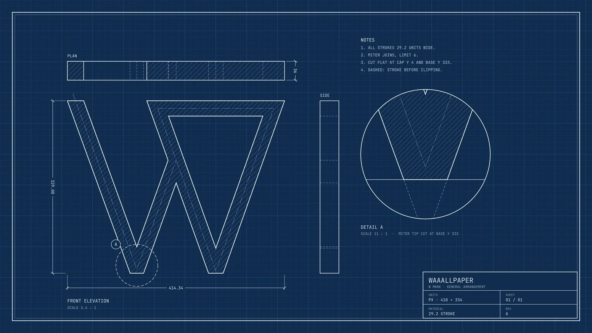 Blueprint: An engineering blueprint of the W mark: hatched front elevation, plan and side views, an enlarged detail of the clipped miter, notes and a title block in chalk-white lines.