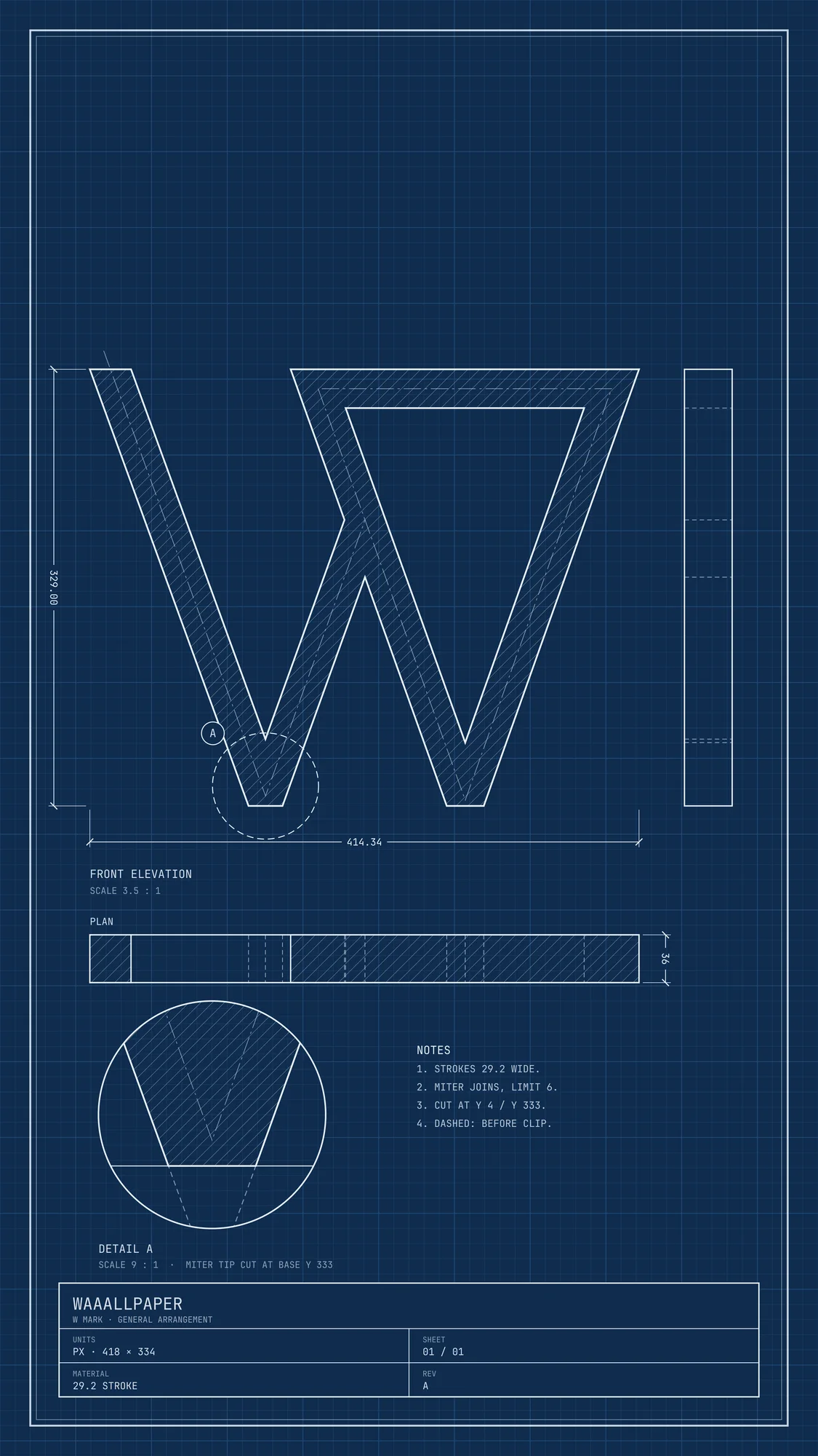 Blueprint: A tall blueprint sheet of the W mark with a hatched front elevation, side and plan views, a detail callout and a title block.