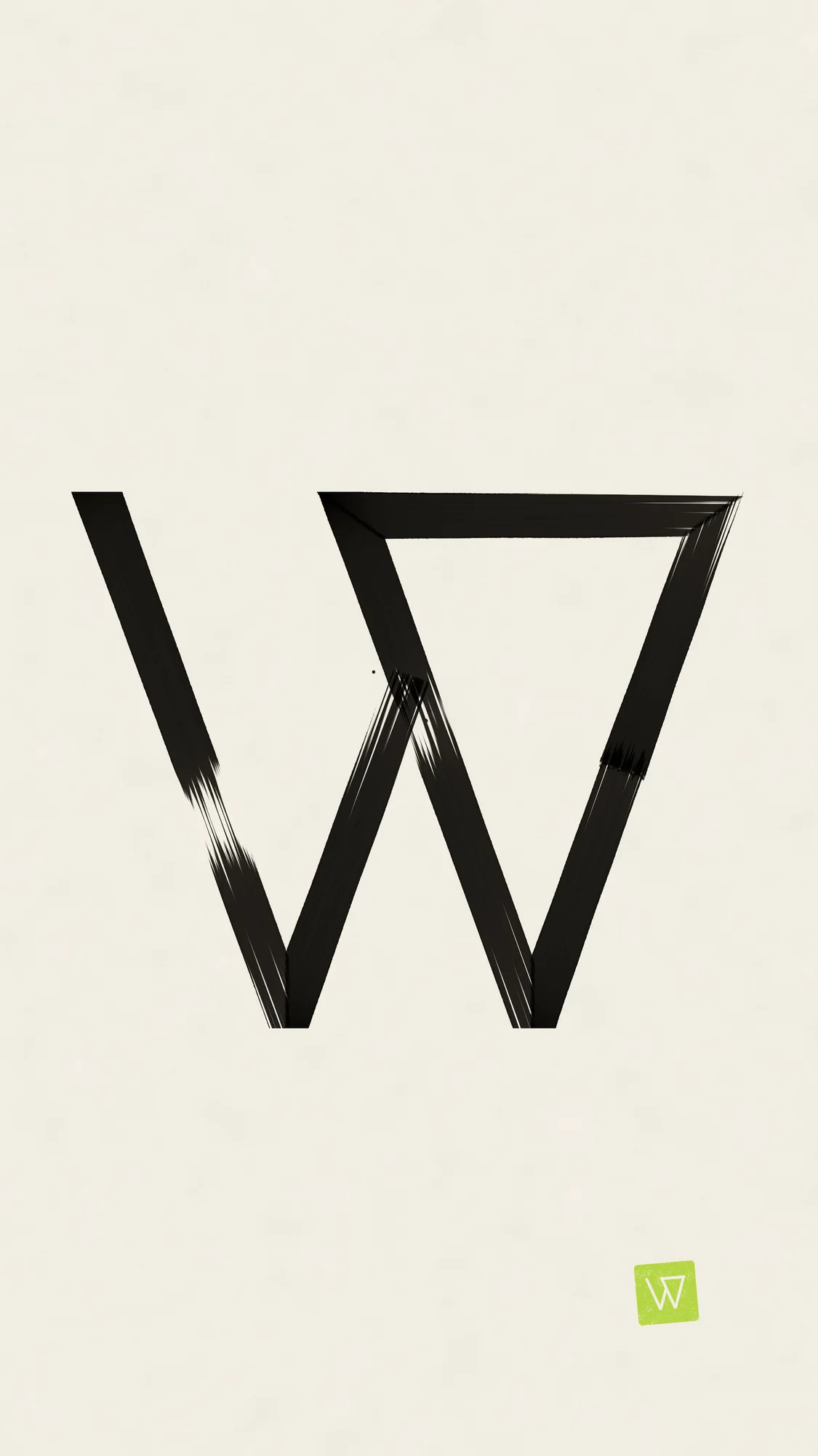 Ink Brush W: A brush-painted W in sumi ink on warm paper, with pooled stroke starts, dry-brush breaks, one overlapping re-entry and a small, slightly rotated lime chop.