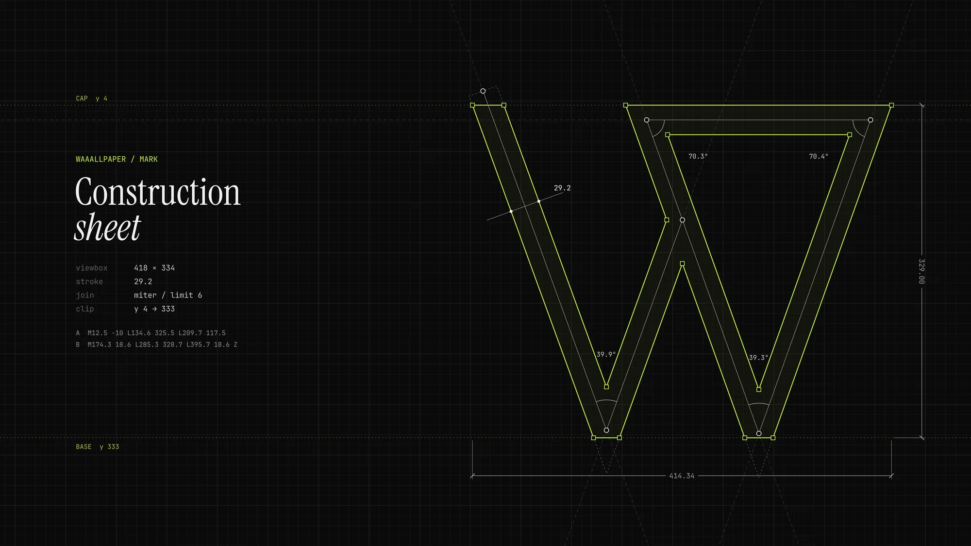 Mark Construction Sheet: The Waaallpaper W in outline mode: centrelines, anchor points, miter angles and dimensions laid over a fine grid, with the path data written out beside it.
