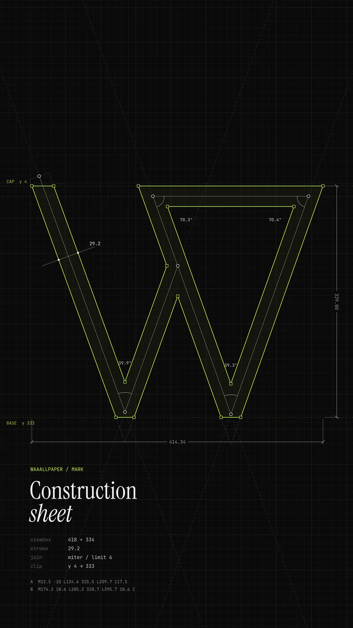 Mark Construction Sheet: A tall construction sheet of the Waaallpaper W, with its outline, anchors, angles and dimensions on a dark grid and the path data set below.