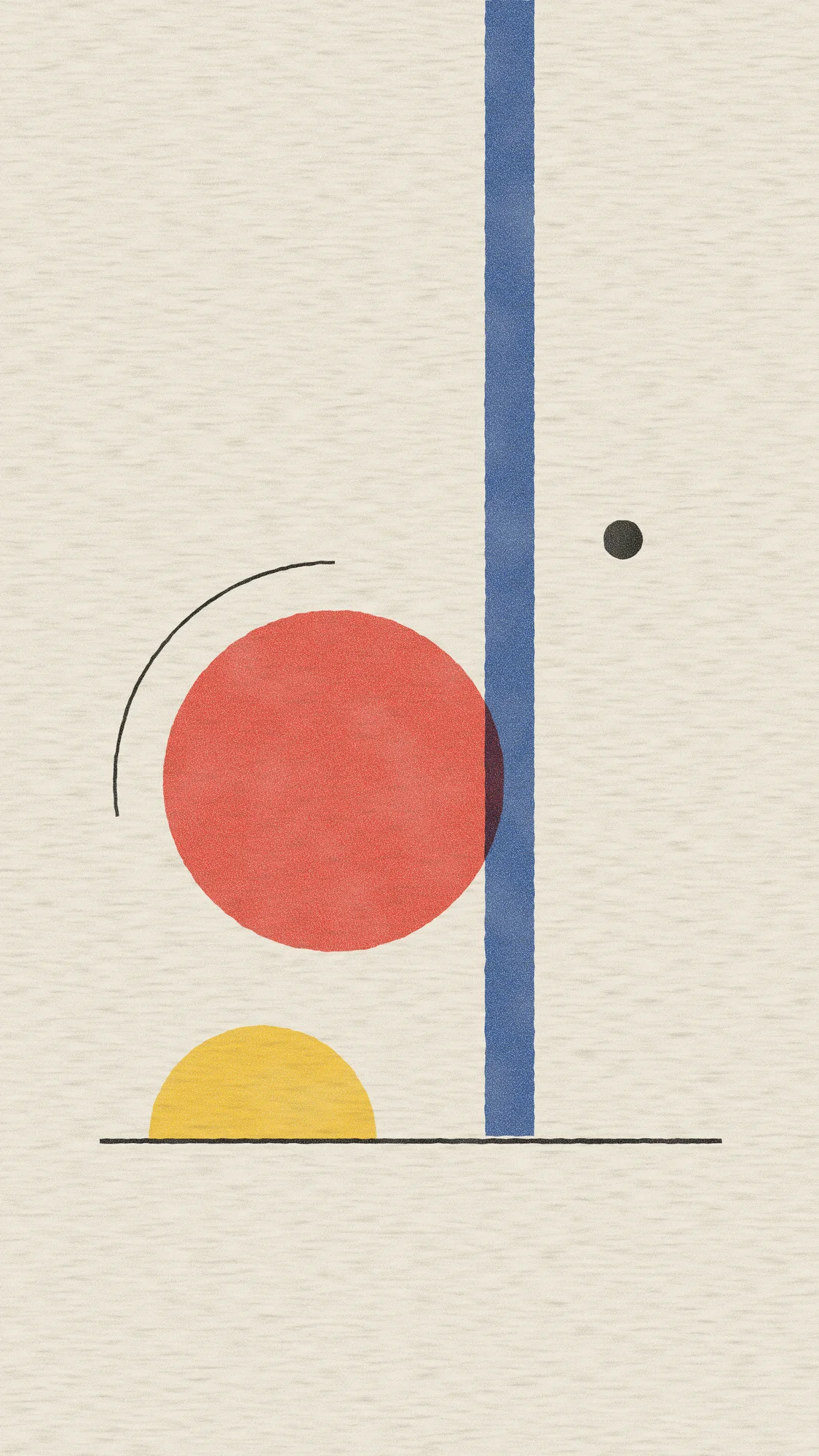 Bauhaus Balance: The screenprinted Bauhaus study recomposed for phone, with the blue pillar running off the top edge at the side, the red disc and yellow half-disc below, and visible ink grain and misregistration.