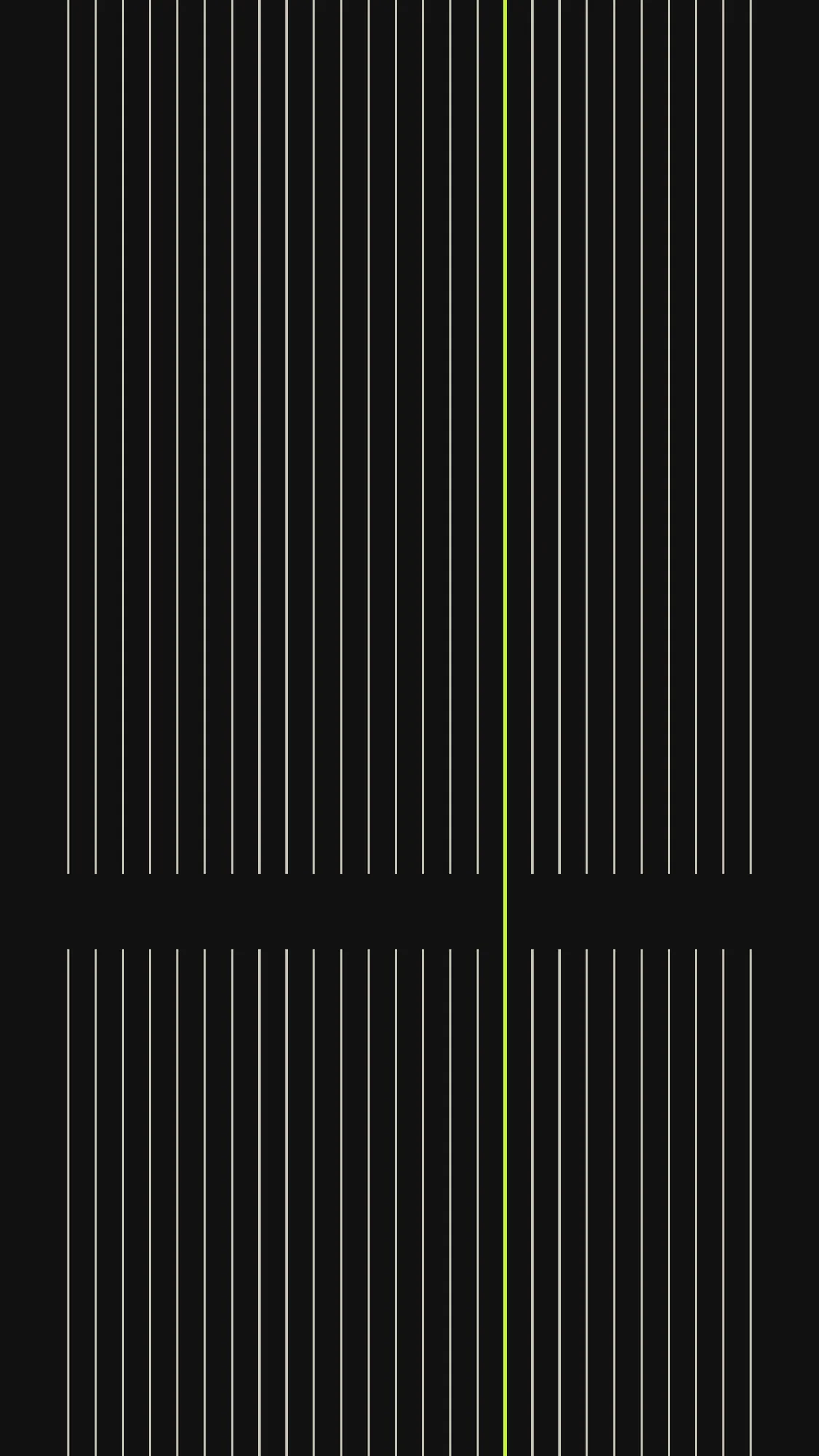 Broken Stripes: Thin vertical stripes on ink black with a shared break near the lower third; only a single lime stripe crosses the gap.