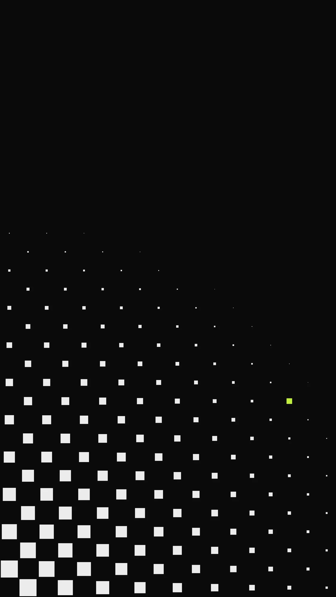 Checker Dissolve: Checker squares shrink and scatter upward from the bottom-left of the phone screen, fading out well below the clock, with one lime square at the edge of the fade.