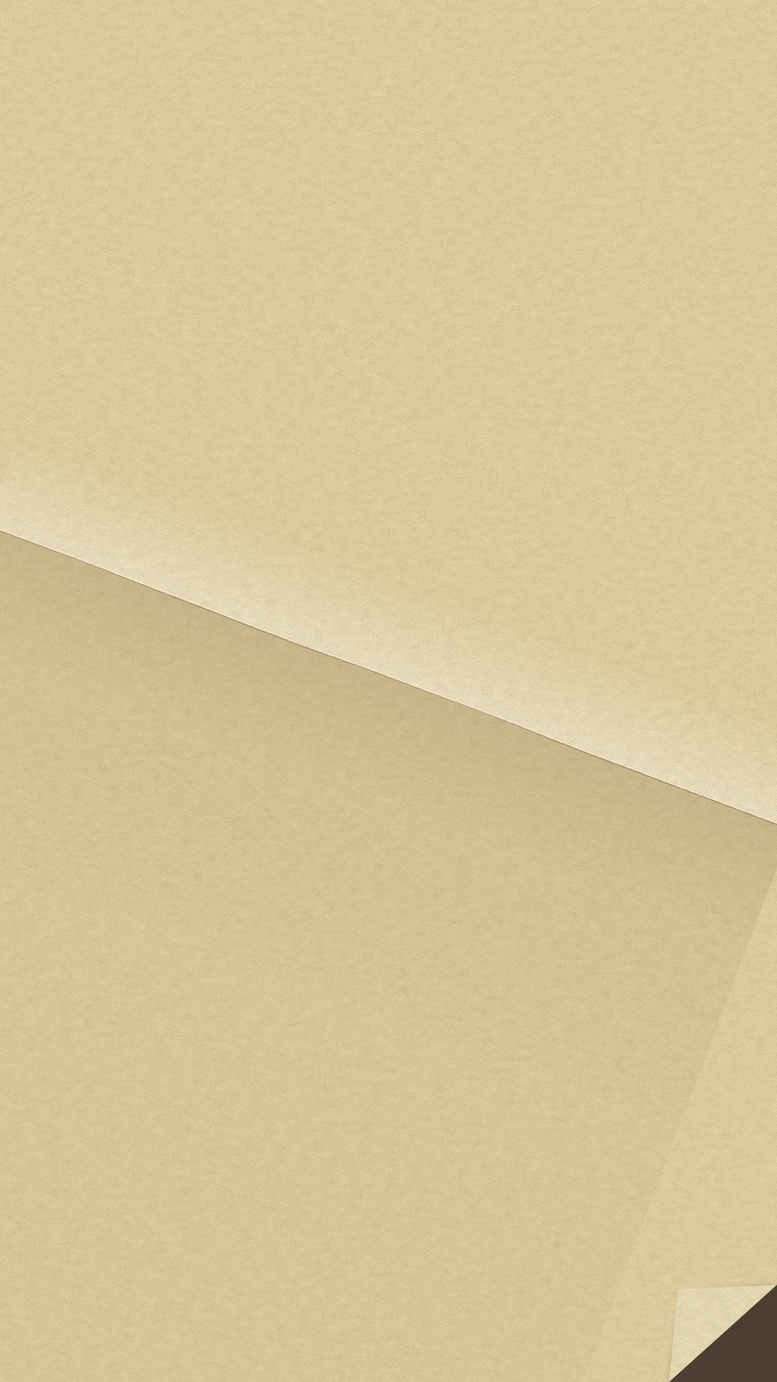 Crease: A manila sheet with a single unfolded crease running across the phone screen, light on one side and shade on the other, and one corner turned down.