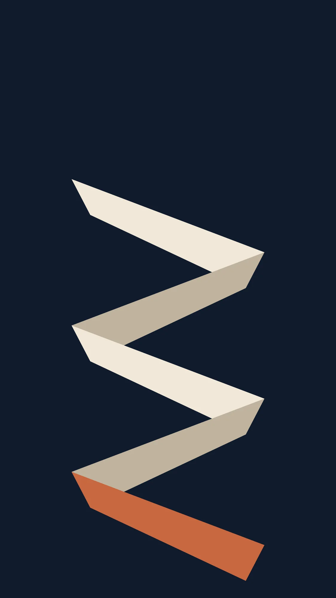 Folded Ribbon: An accordion-folded paper strip zigzags down the lower part of a midnight-blue phone screen, ending in a terracotta face.