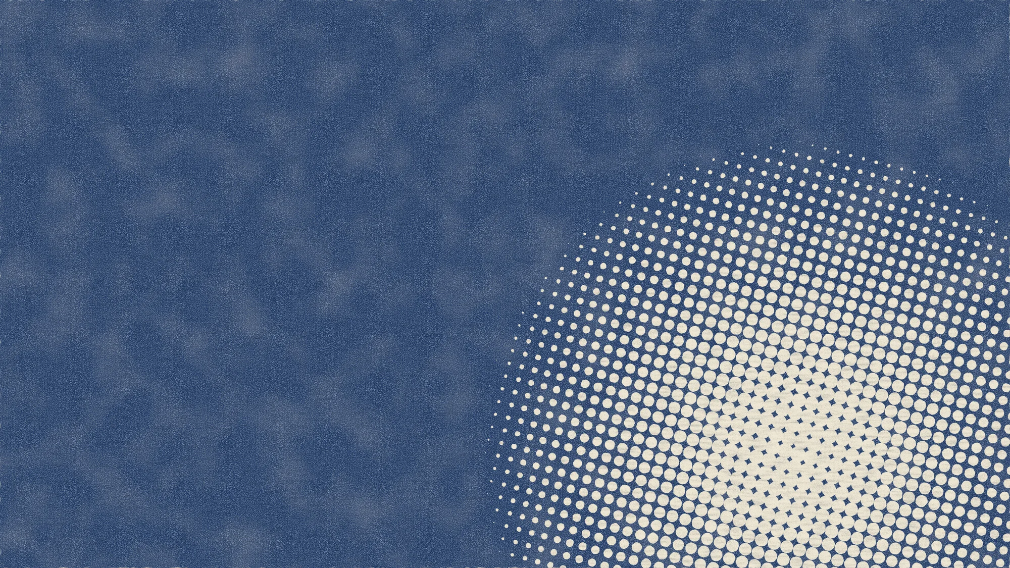 Halftone Sun: A halftone sun knocked out of a solid deep-blue ink, cropped by the corner of the sheet. The screen is rotated fifteen degrees and shows real dot gain, ink spread and paper tooth.