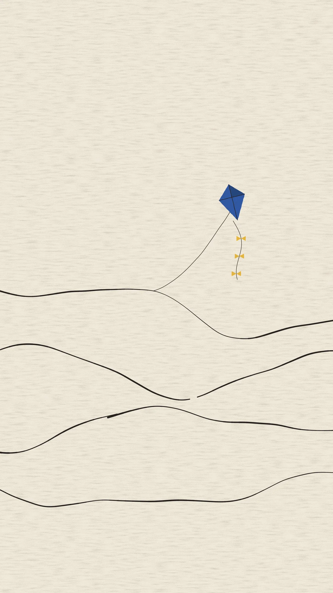 Line Hills: Pen-drawn ridgelines fill the lower half of a cream phone screen, and a small blue kite rides above them on a string that vanishes behind a hill.