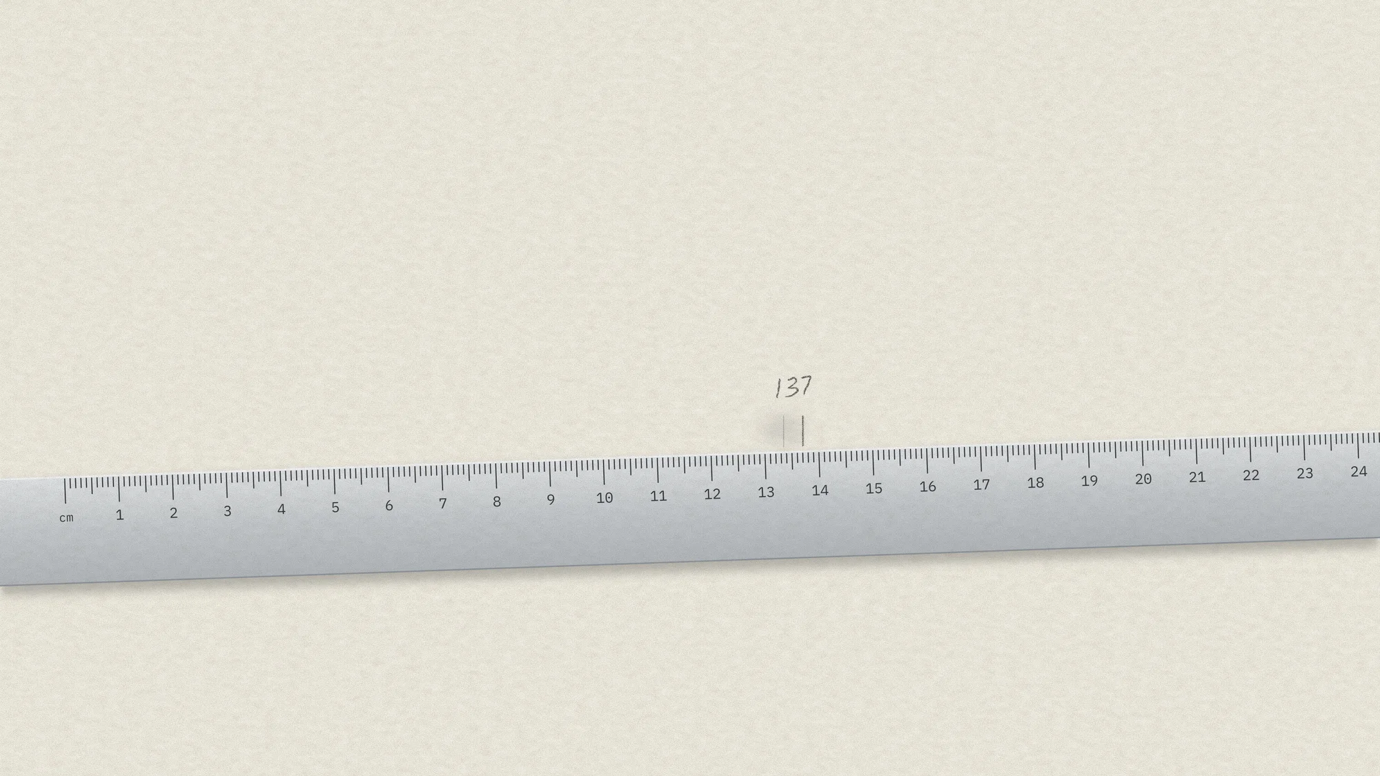 Measure Twice: A steel rule lies across drafting paper with one firm pencil tick at 13.7 cm, a half-erased earlier tick just beside it and "137" scribbled above. Measured twice, marked once.