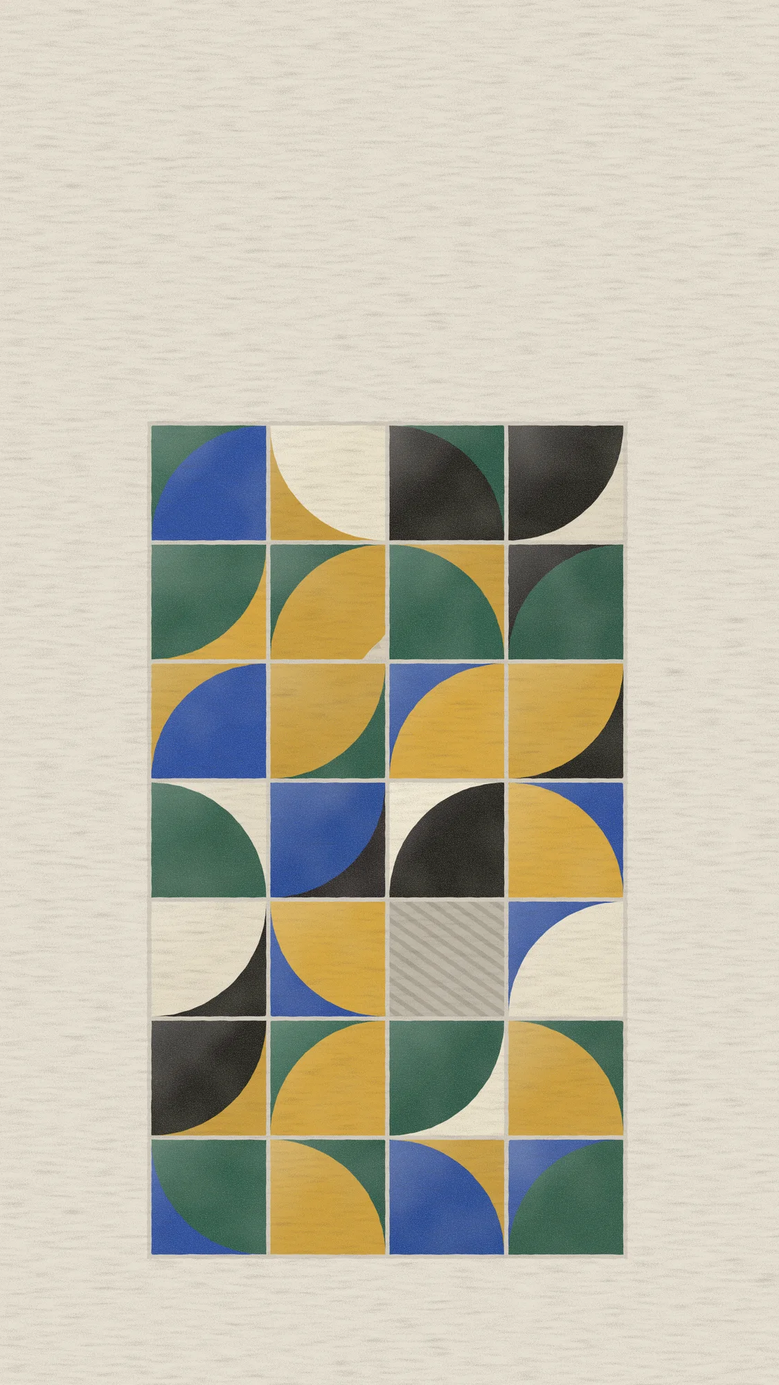 Quarter Tiles: A tall panel of glazed quarter-circle tiles on plaster, each a slightly different shade, with a chipped corner and one empty space where a tile has come away.