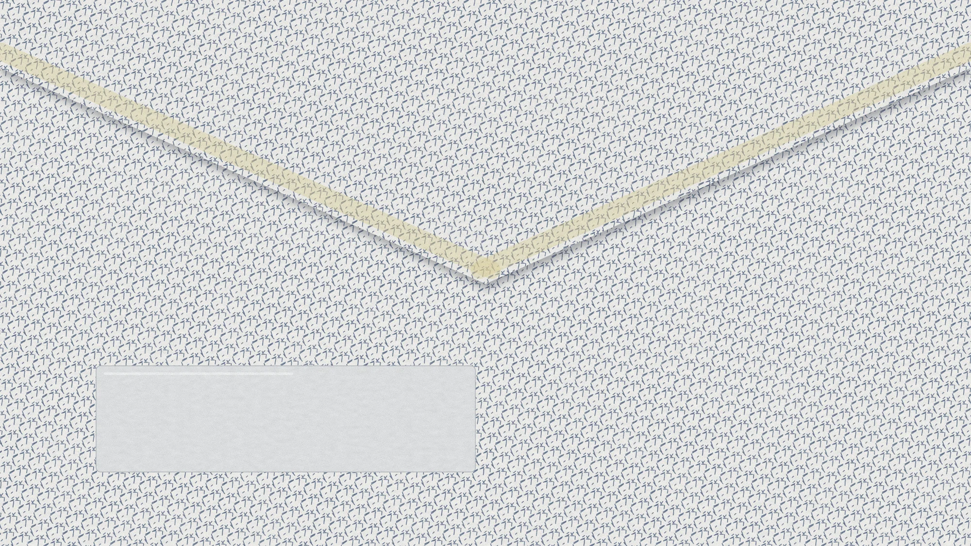 Security Tint: The inside of a business envelope: a dense blue-grey security tint, the flap folded down over it with its strip of gum and its pattern a few degrees out of line, and the frosted address window.