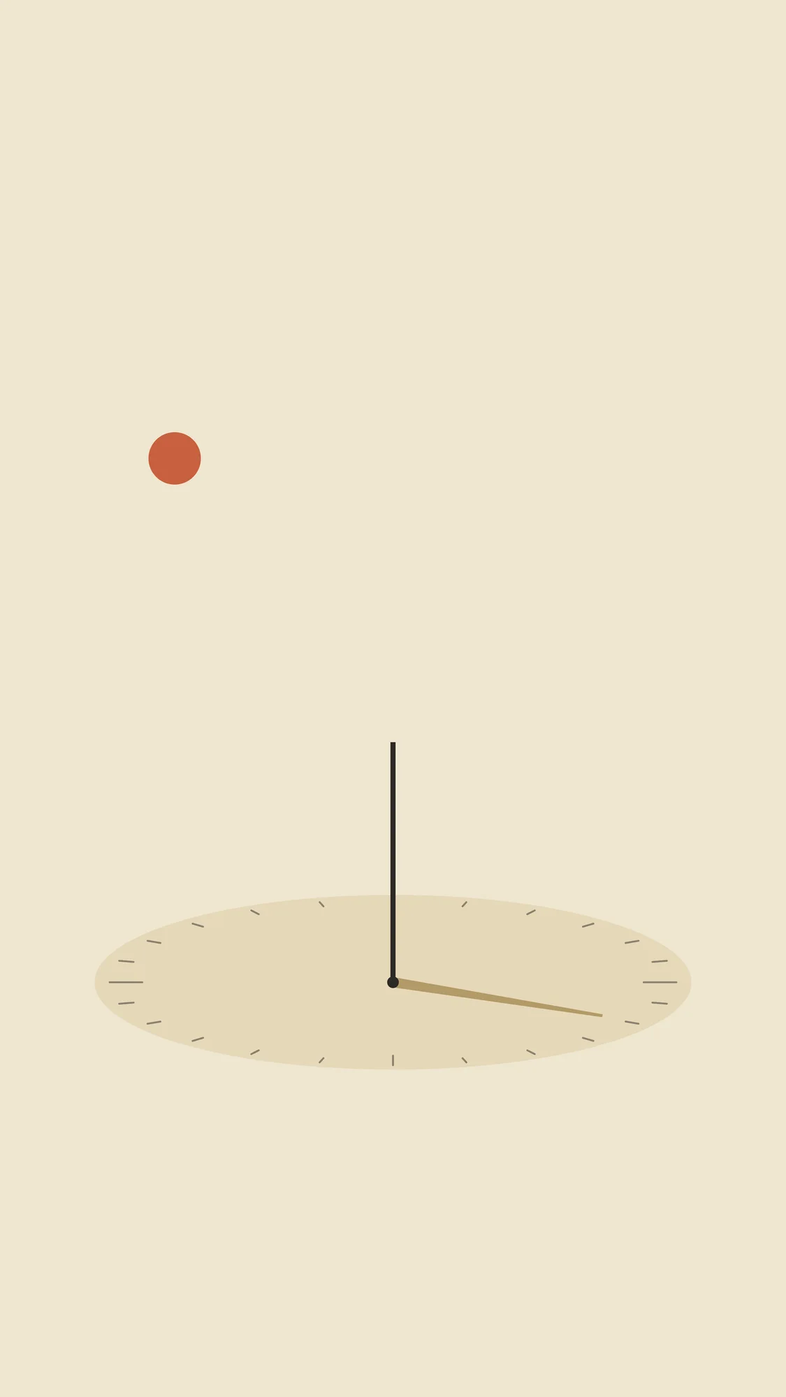 Sundial: One vertical stroke and its shadow mark the hour on an elliptical dial, low on a pale cream phone screen, under a small terracotta sun.
