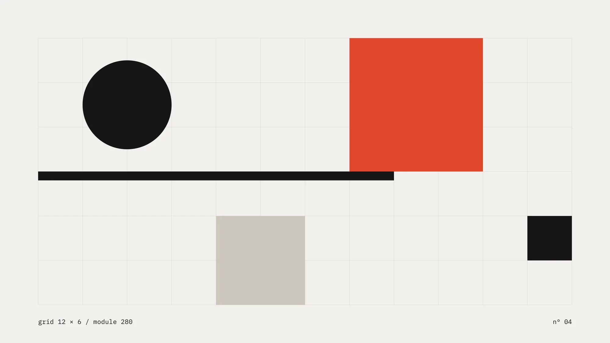 Swiss Grid: A twelve-column hairline grid on paper white, with a vermilion square, an ink circle, a heavy rule and a grey block set strictly to the module. A tiny mono caption marks the margin.